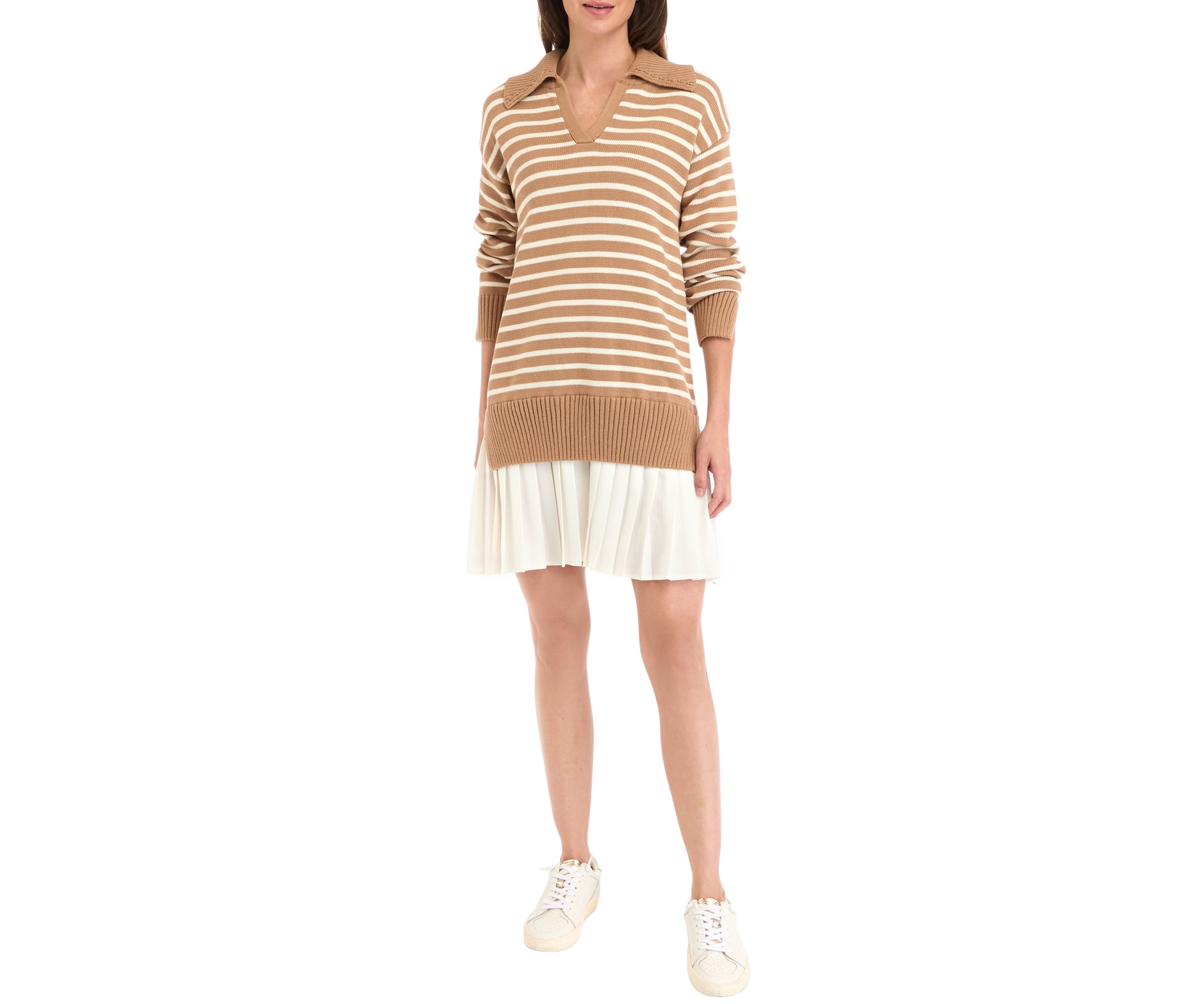 Womens Striped Mixed Media Pleated Dress