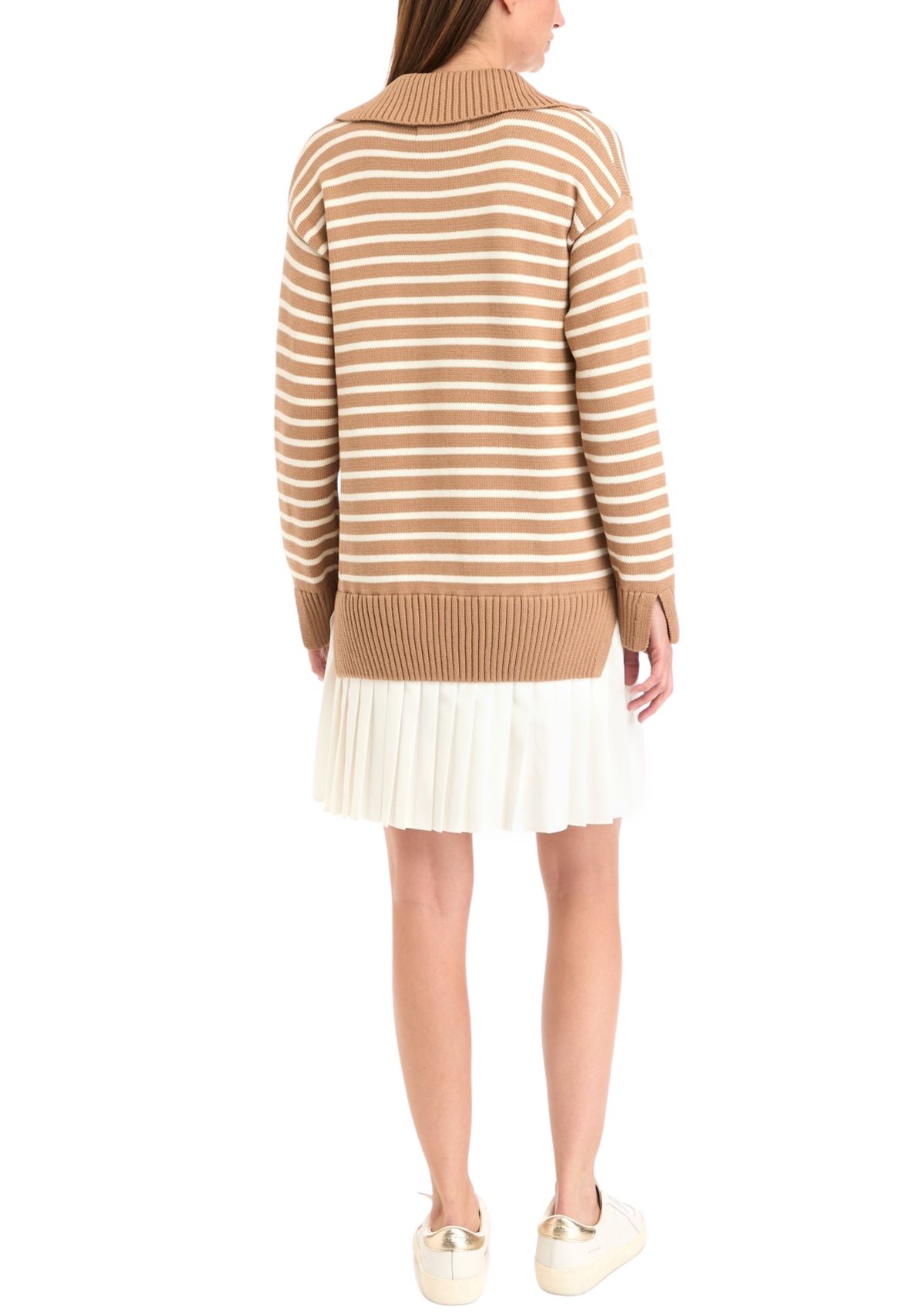 Womens Striped Mixed Media Pleated Dress