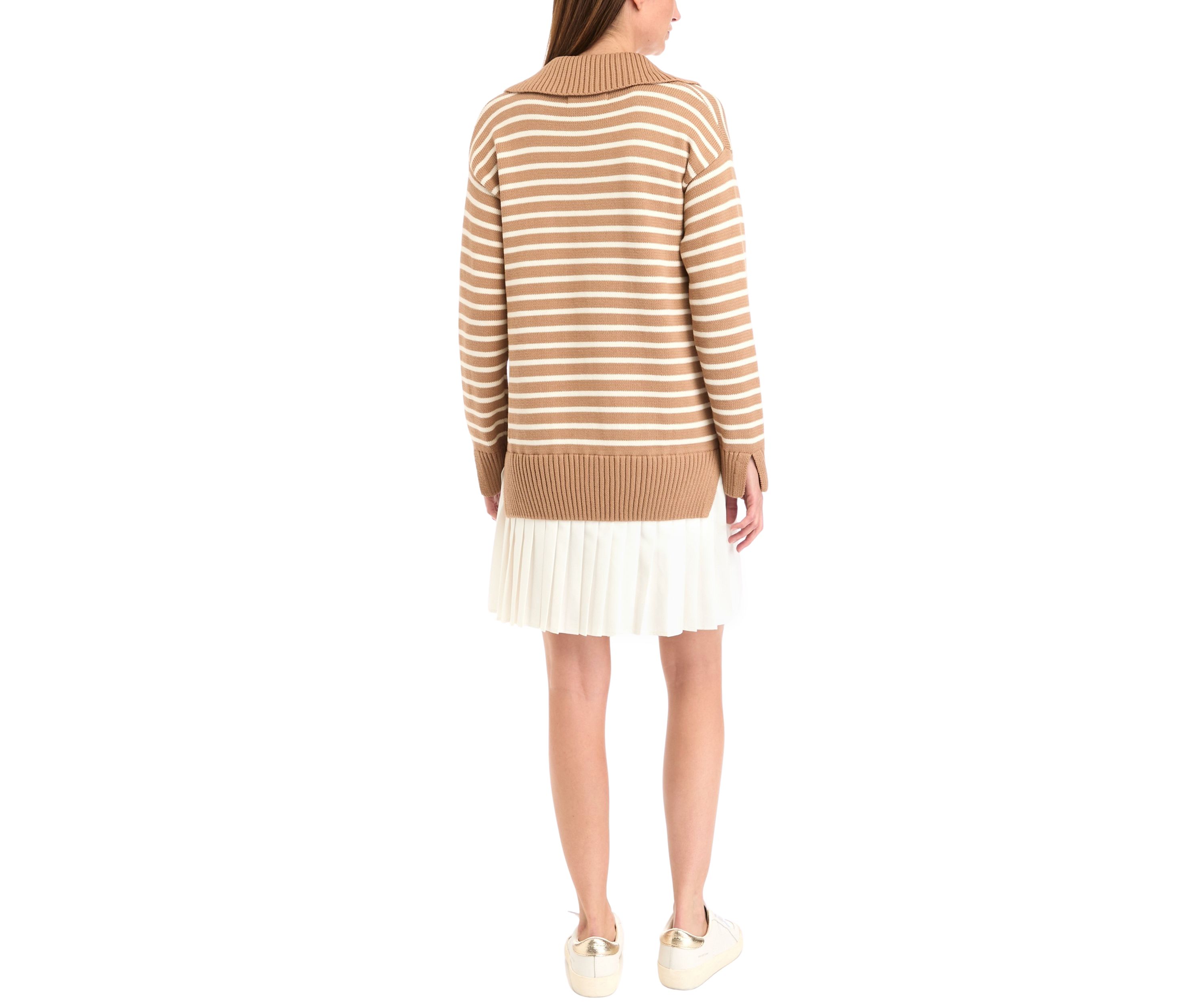Womens Striped Mixed Media Pleated Dress