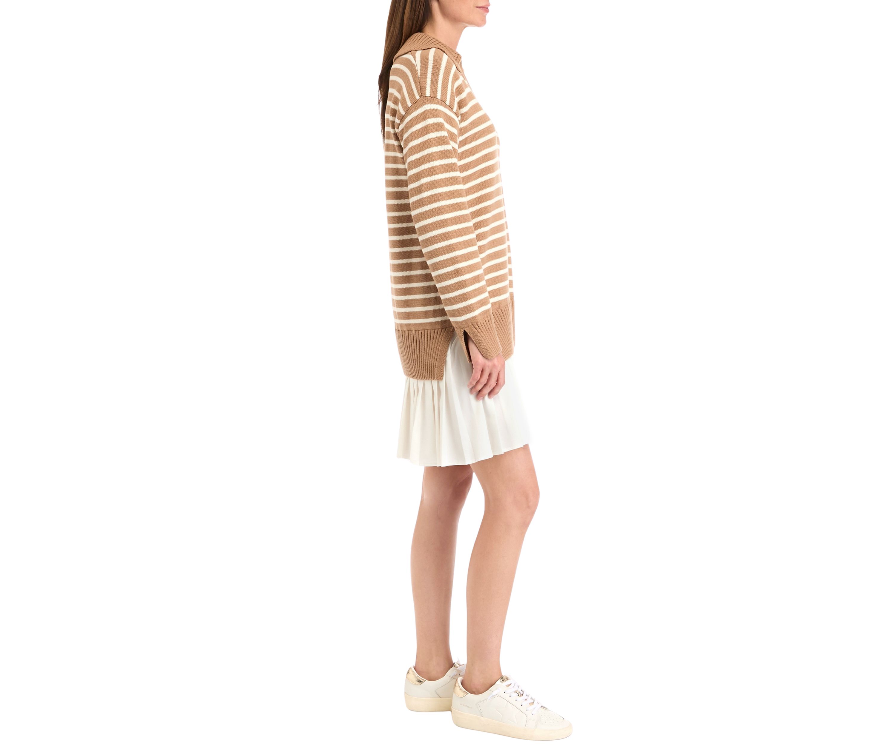Womens Striped Mixed Media Pleated Dress