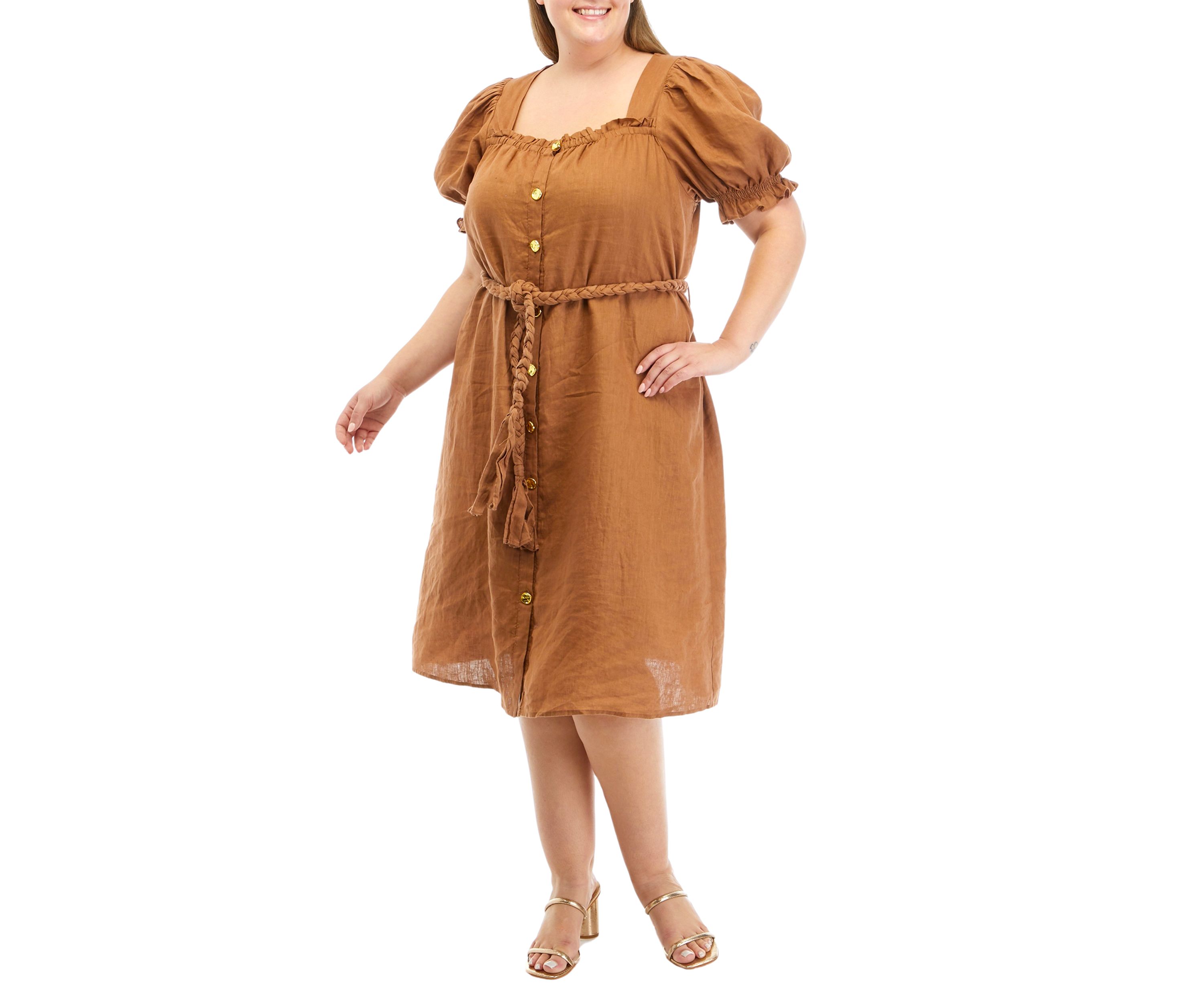 Plus Size Linen Dress with Tied Waist