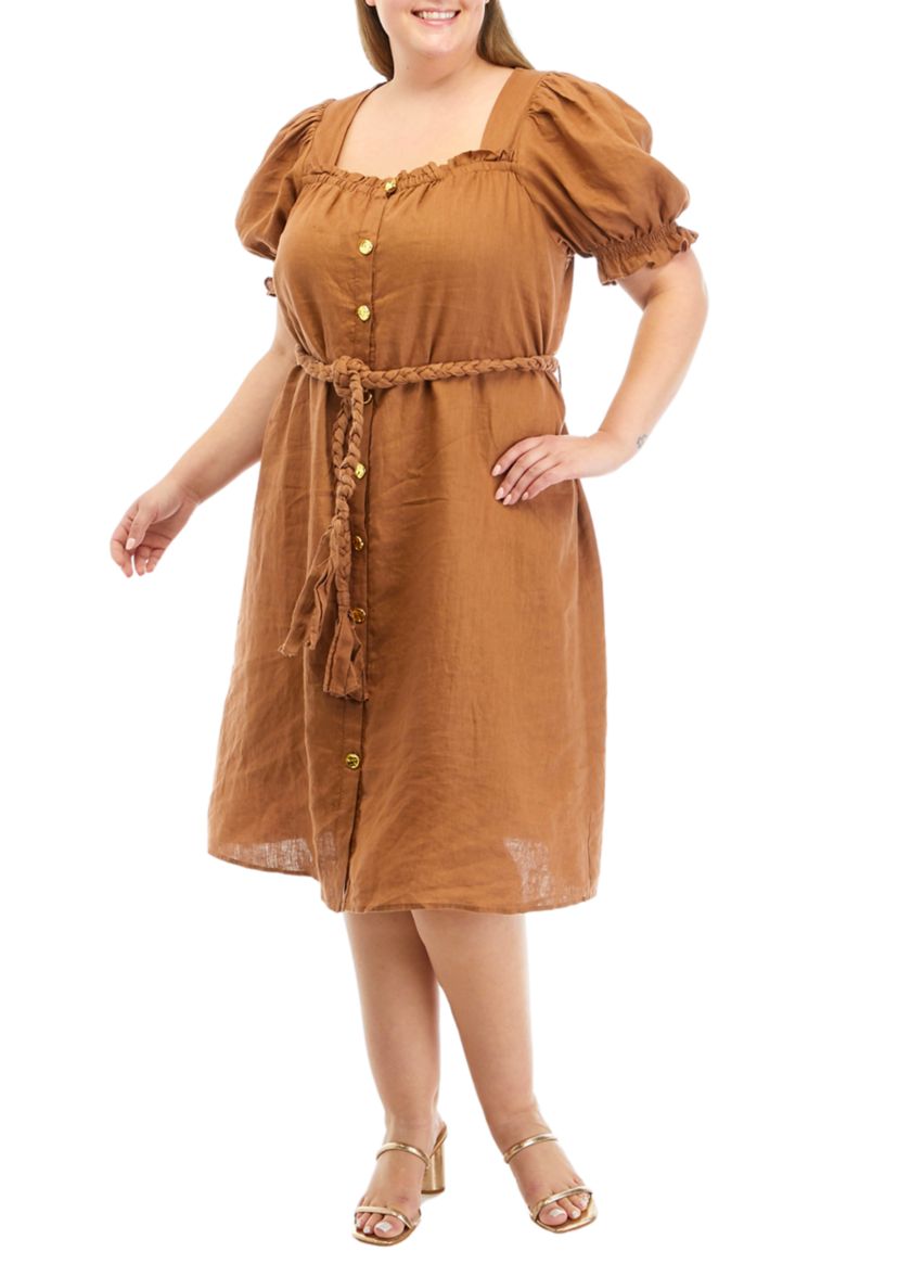 Plus Size Linen Dress with Tied Waist