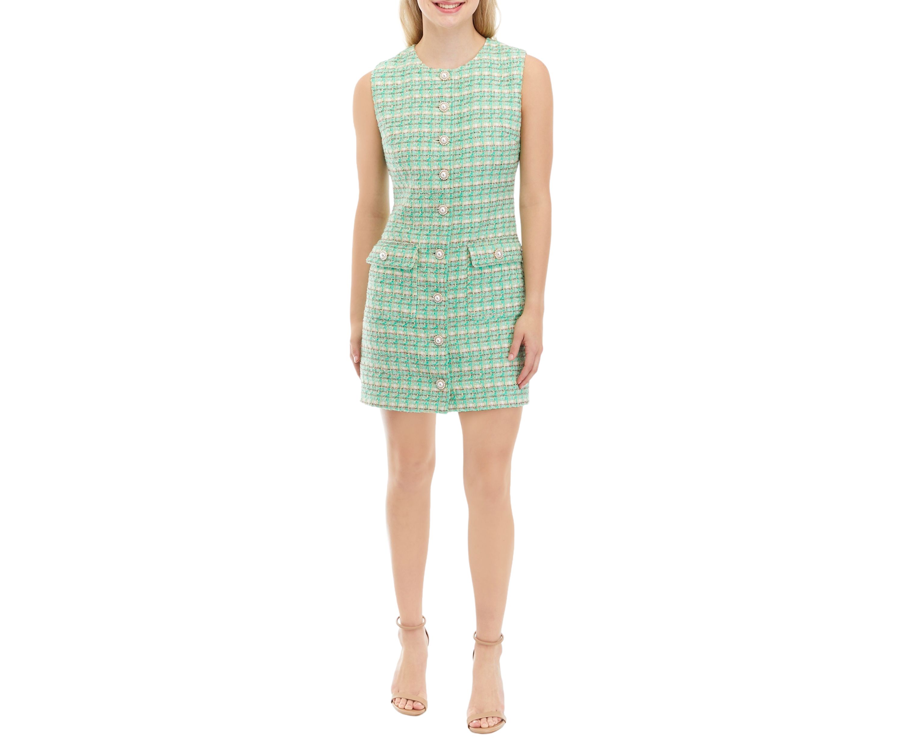 Womens Metallic Tweed Shift Dress