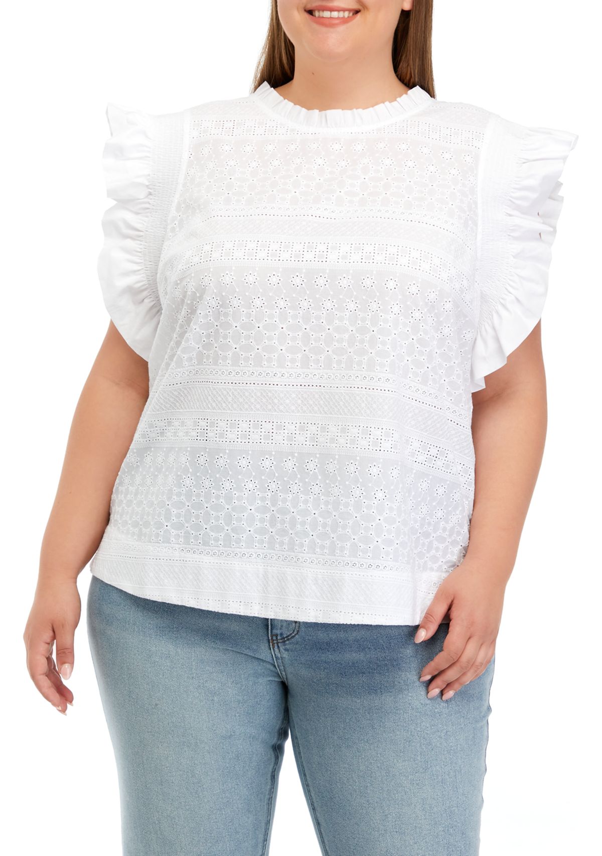 Plus Size Ruffle Sleeve Embroidered Cotton Top