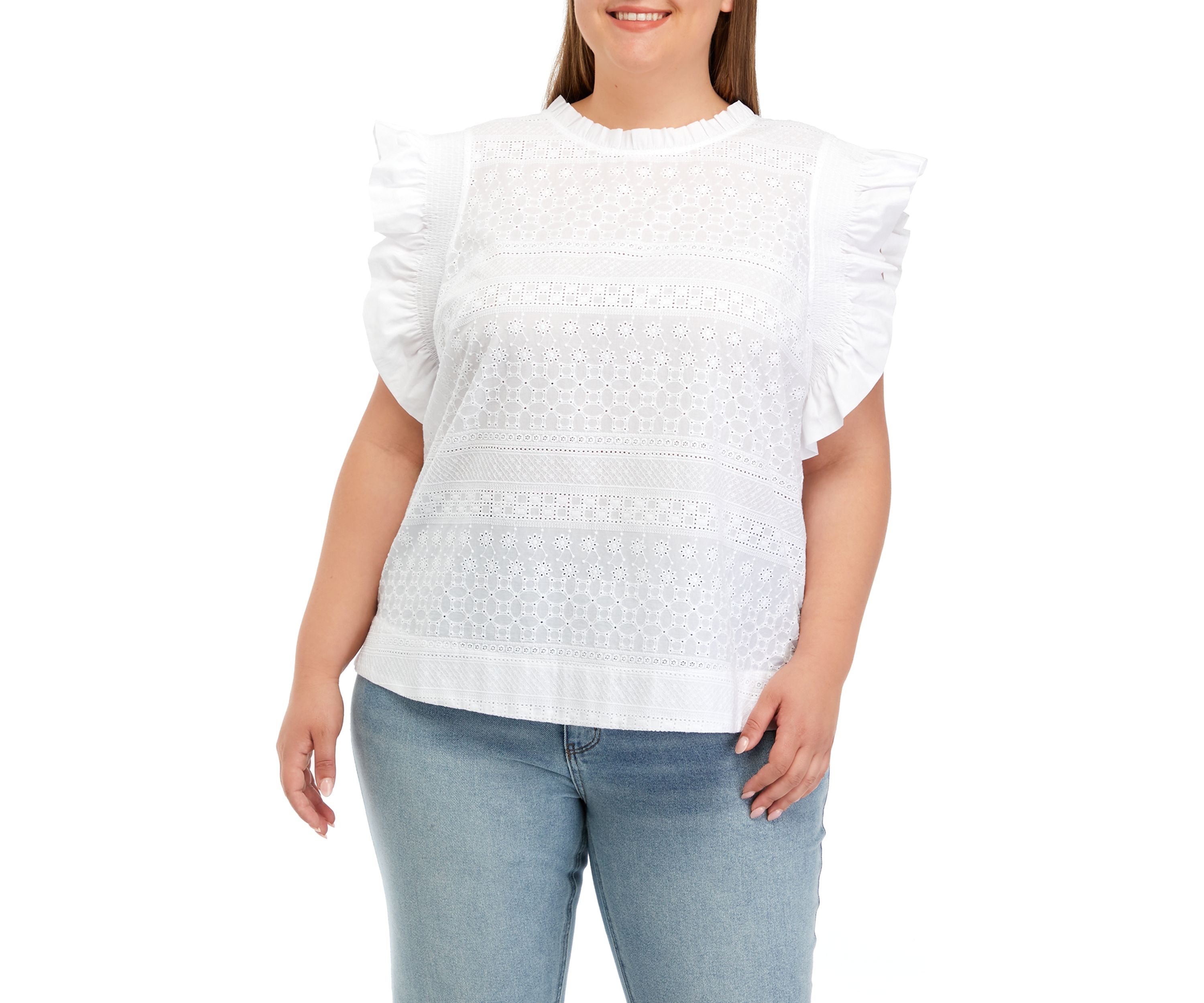 Plus Size Ruffle Sleeve Embroidered Cotton Top