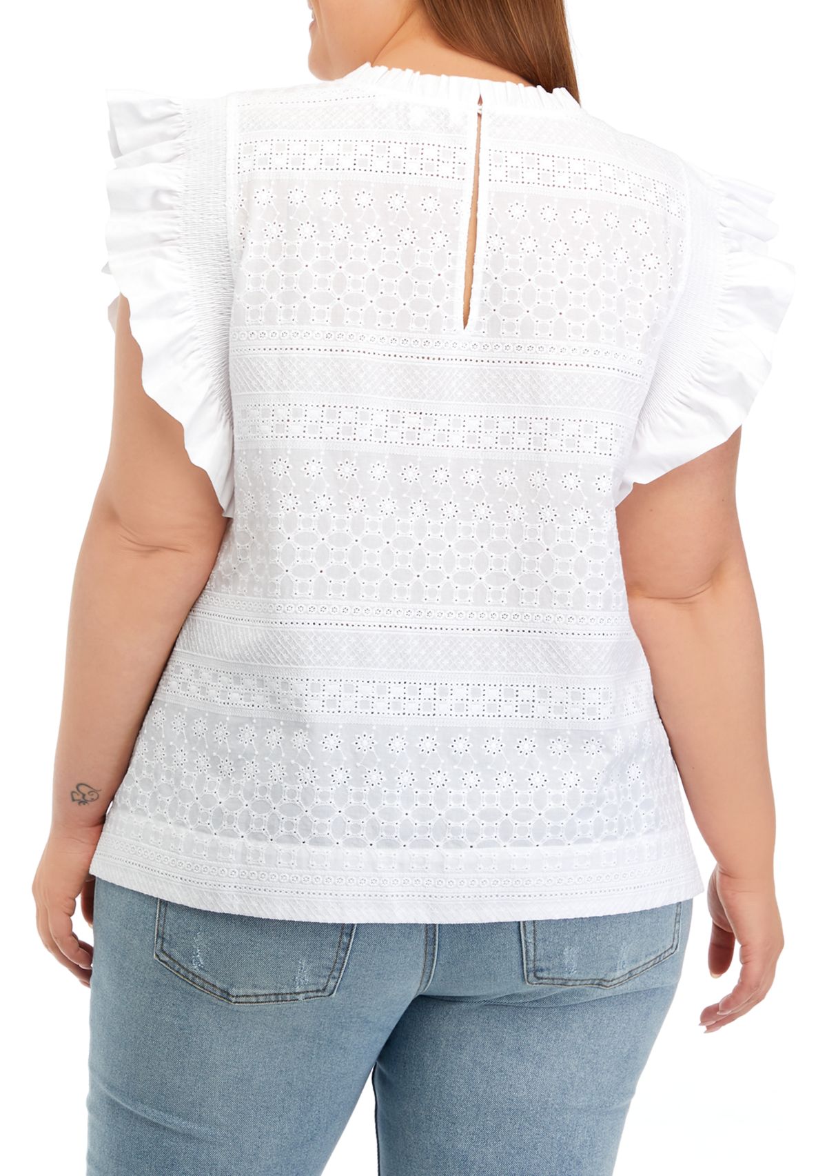 Plus Size Ruffle Sleeve Embroidered Cotton Top