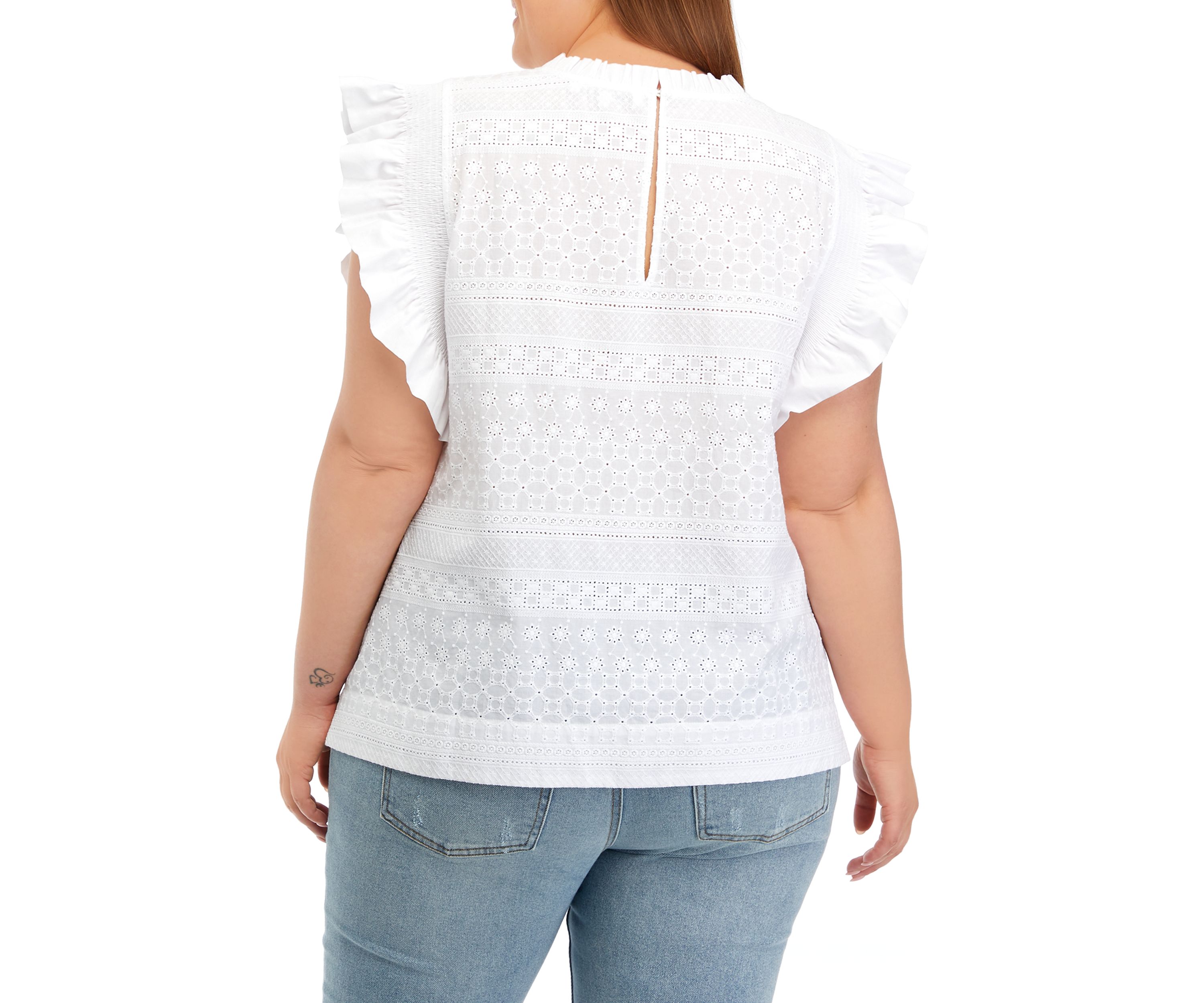 Plus Size Ruffle Sleeve Embroidered Cotton Top