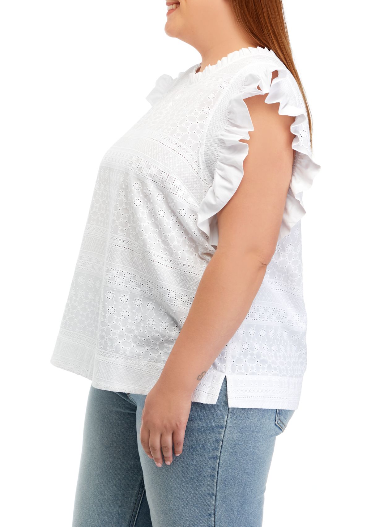 Plus Size Ruffle Sleeve Embroidered Cotton Top
