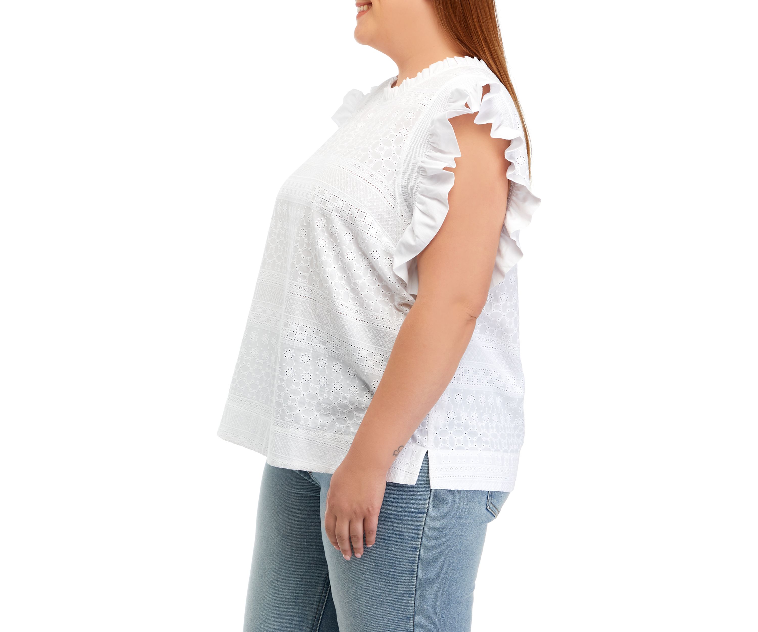 Plus Size Ruffle Sleeve Embroidered Cotton Top