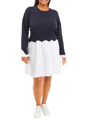 ENGLISH FACTORY Women's Plus Size Scallop Knit Poplin Dress