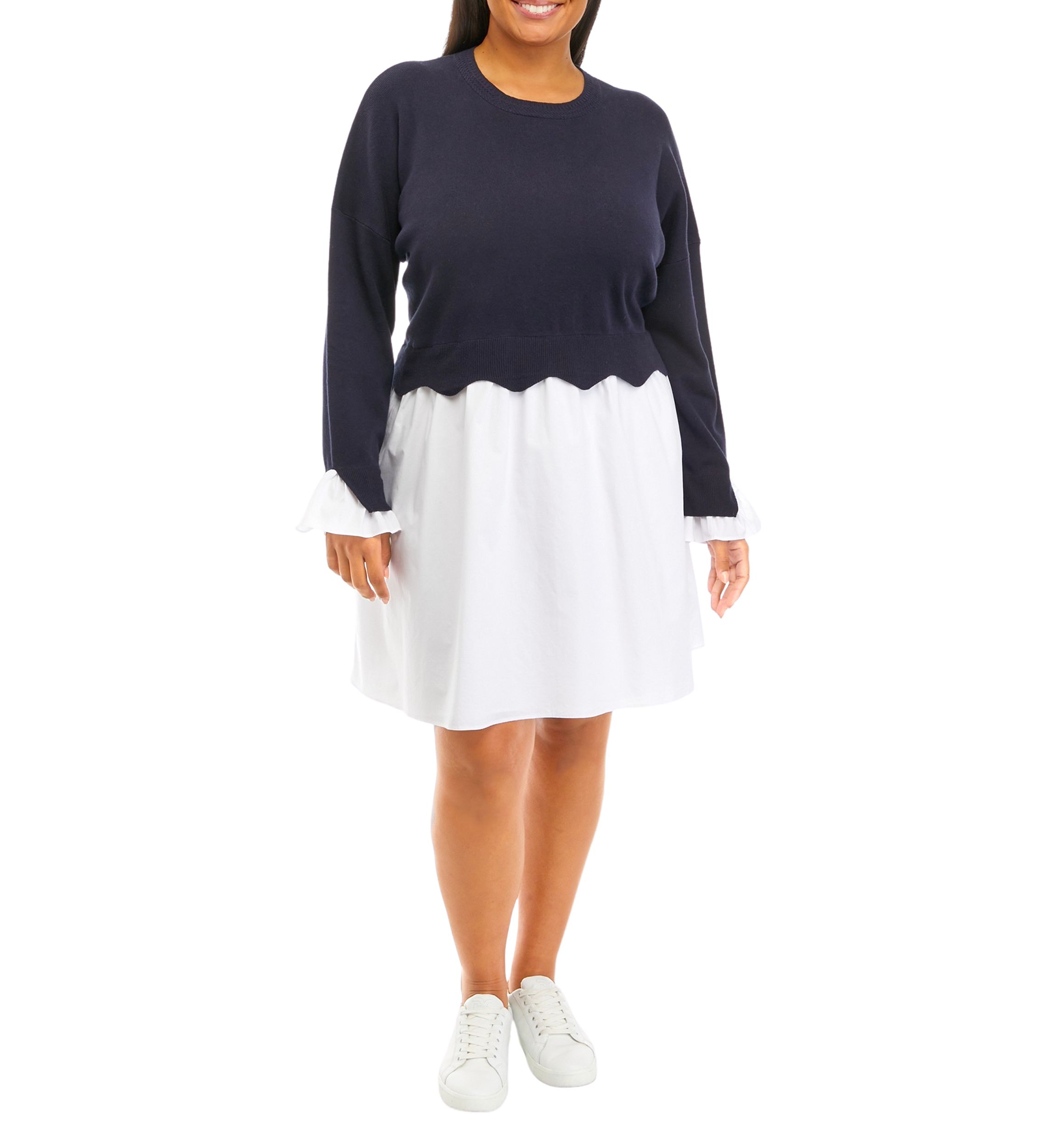 Plus Size Scallop Knit Poplin Dress