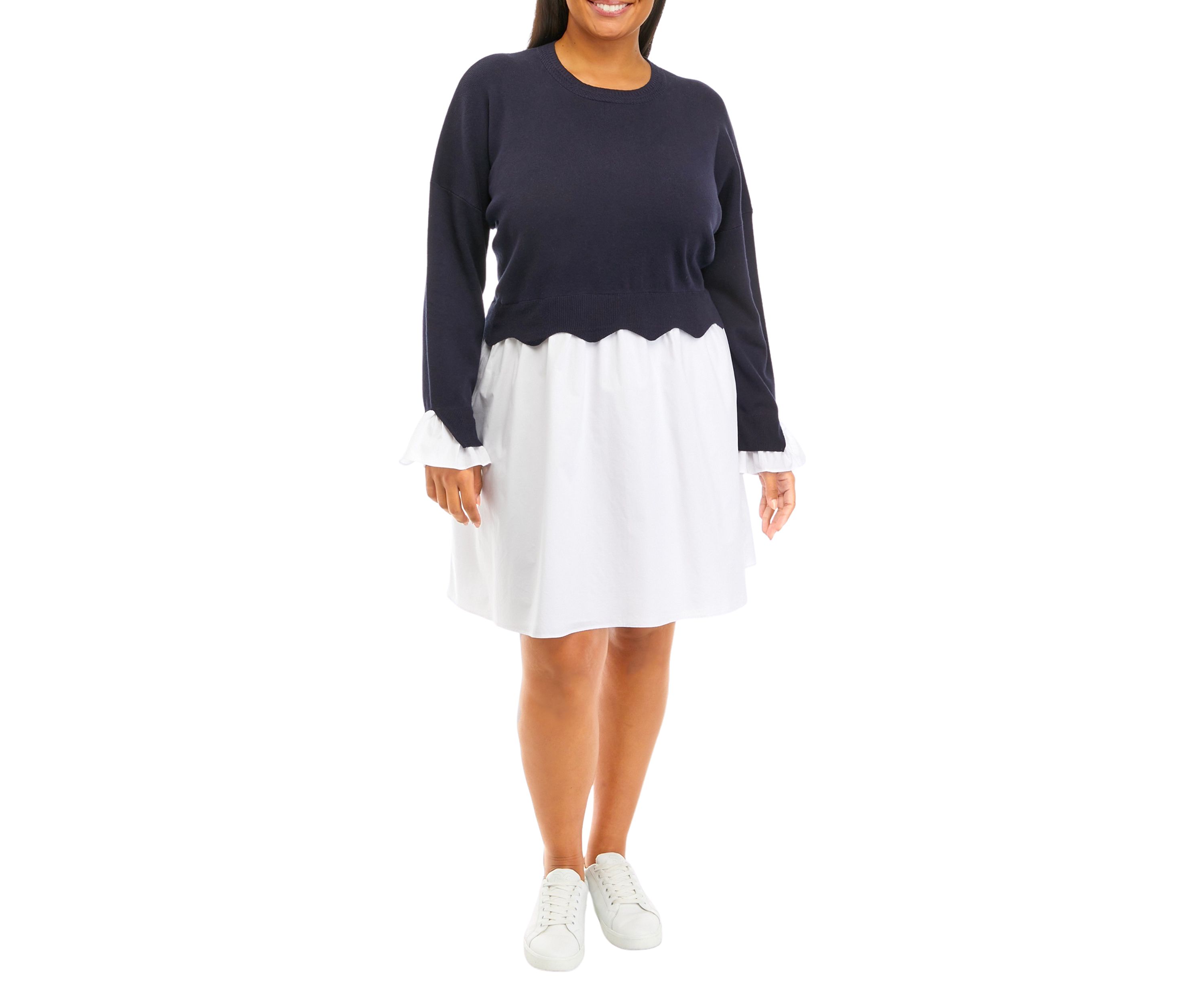 Plus Size Scallop Knit Poplin Dress
