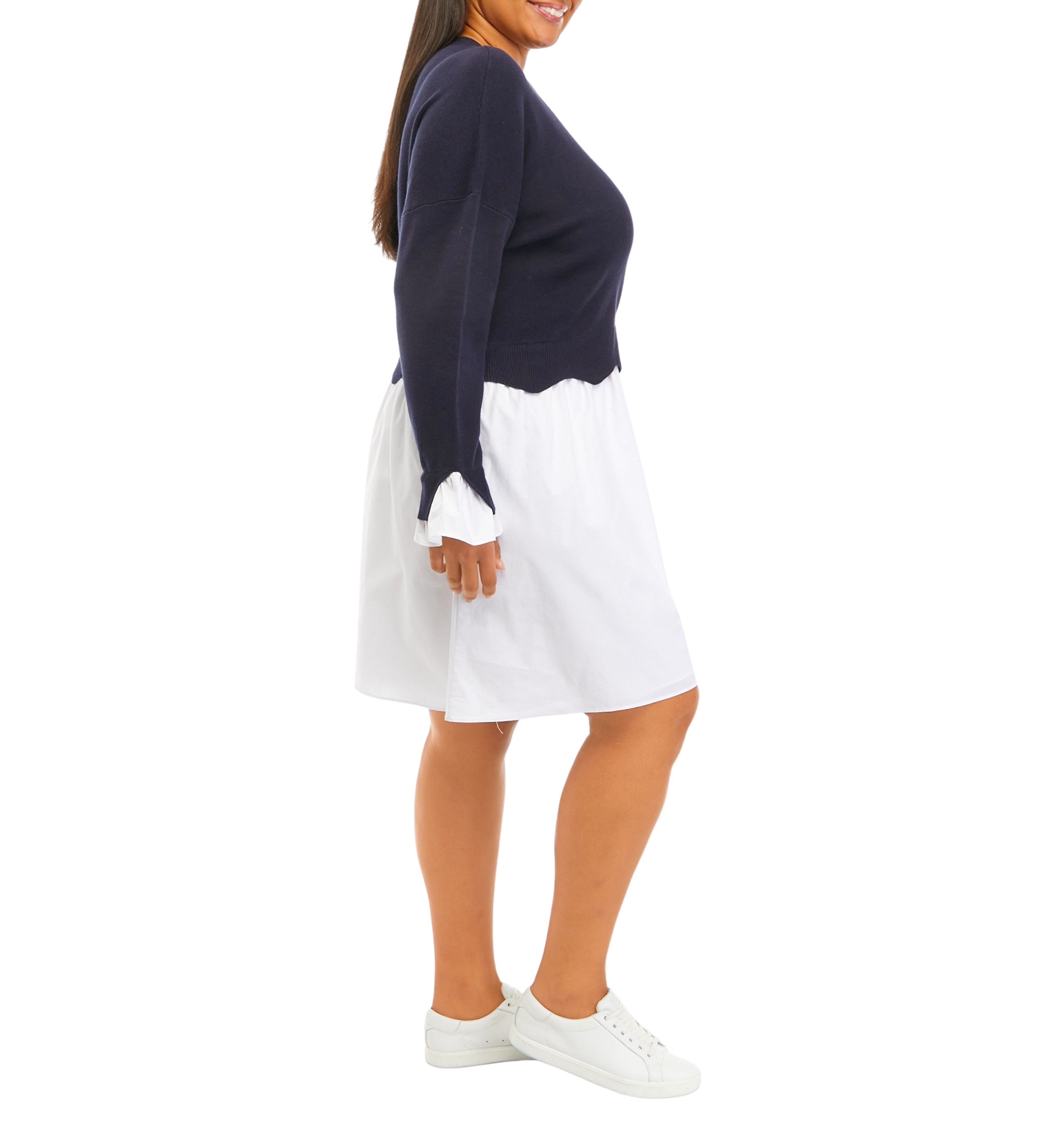 Plus Size Scallop Knit Poplin Dress