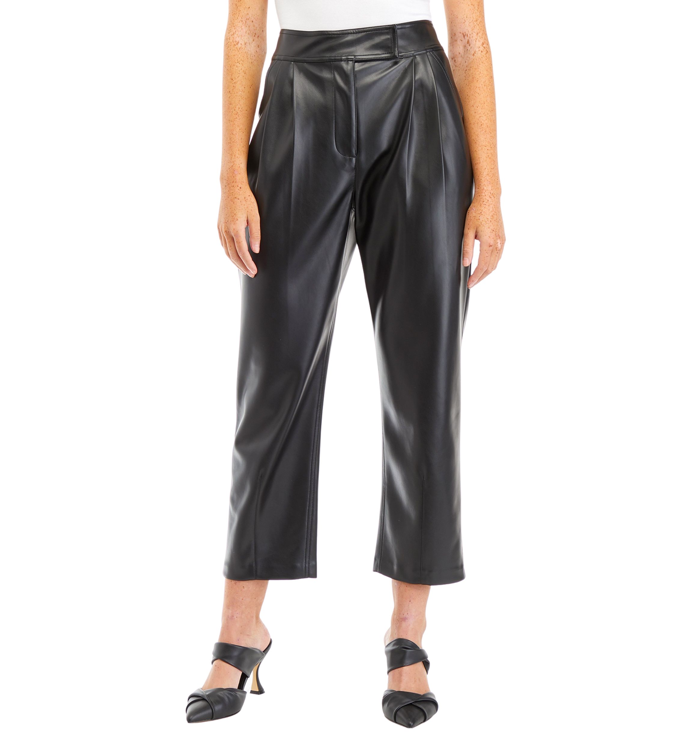 Womens Faux Leather Pleated Trouser Pants