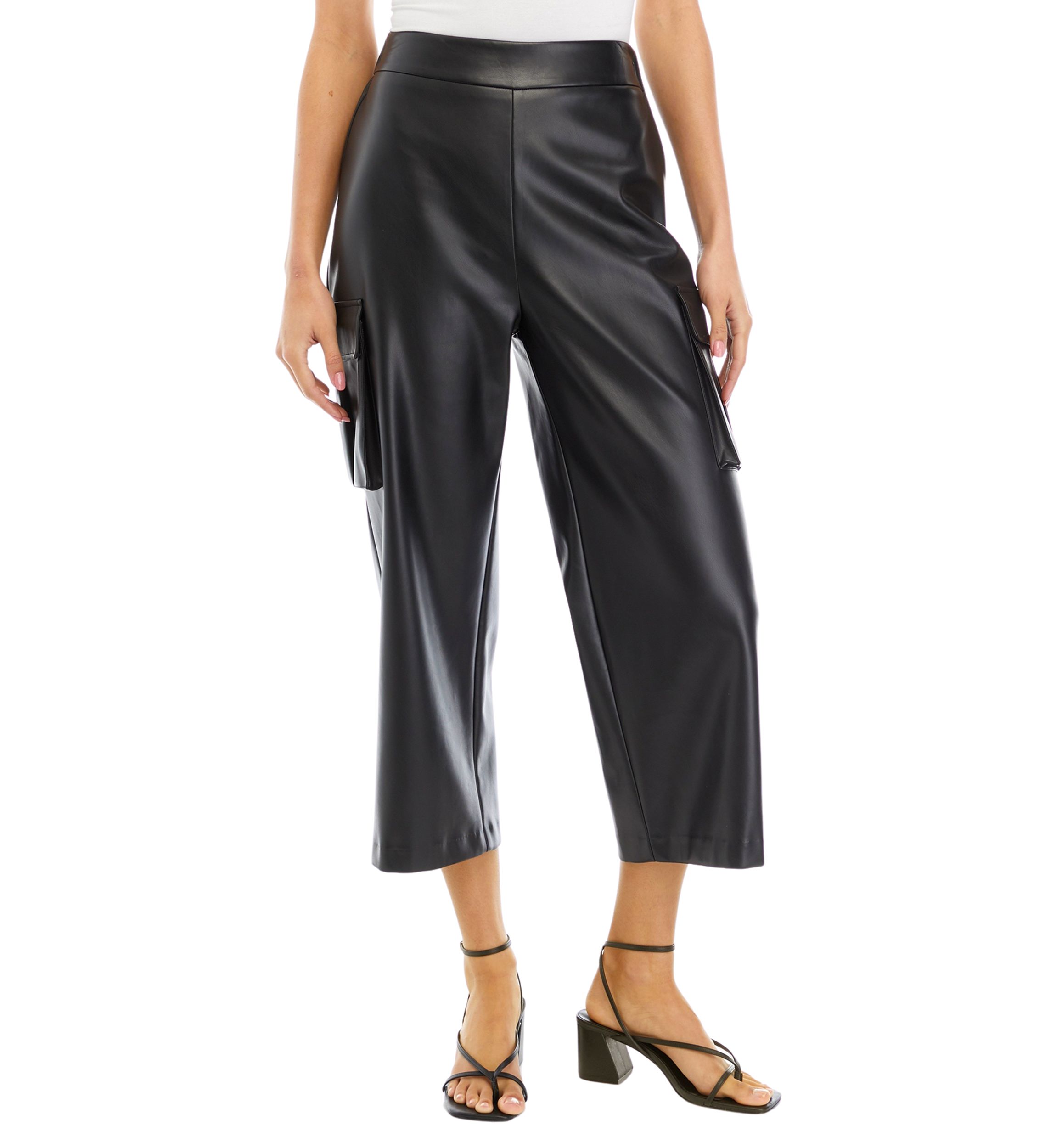Womens Faux Leather Cropped Cargo Pants
