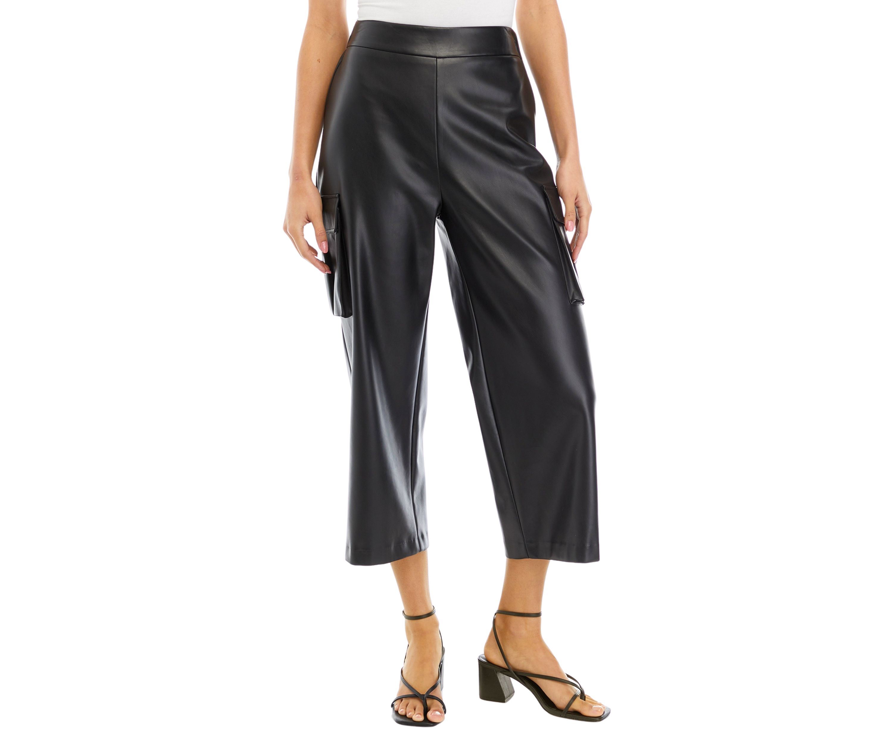 Womens Faux Leather Cropped Cargo Pants