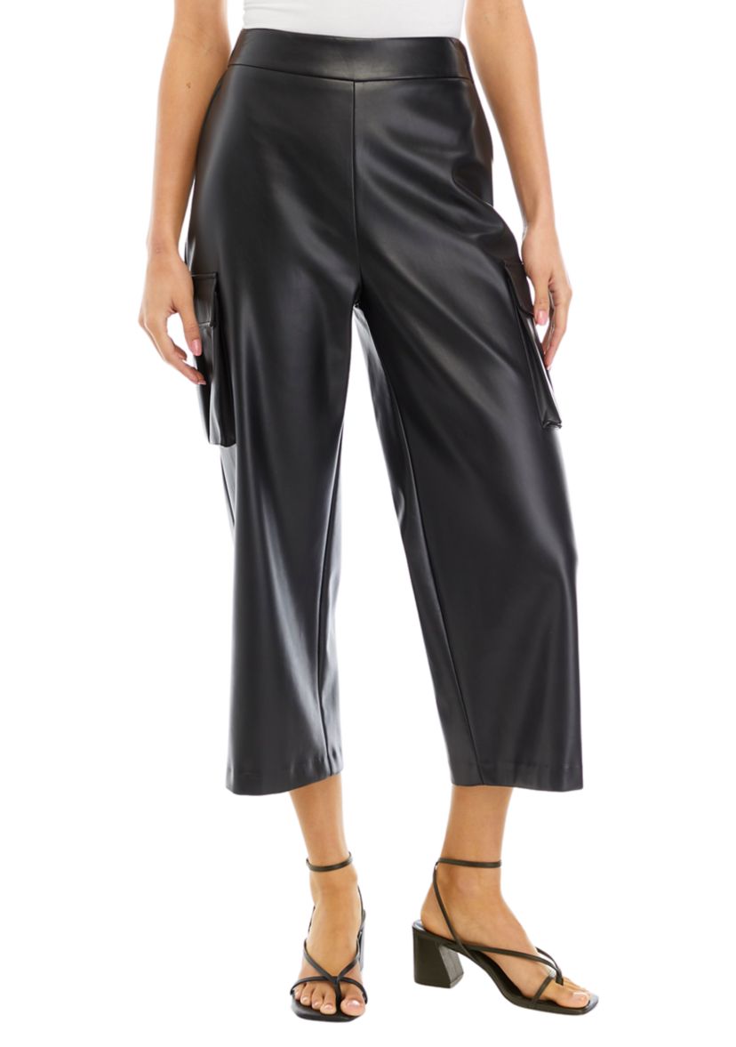 Womens Faux Leather Cropped Cargo Pants