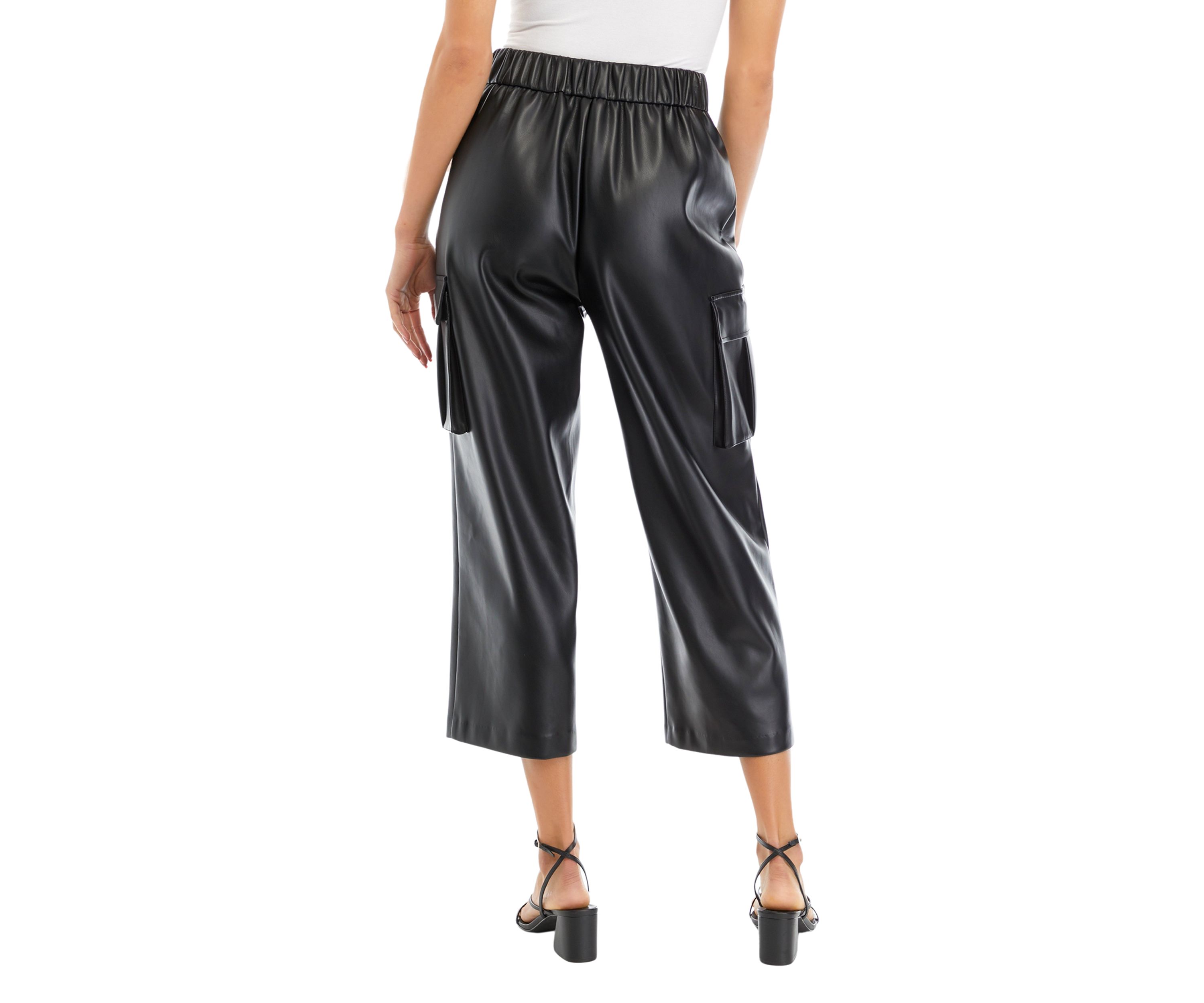 Womens Faux Leather Cropped Cargo Pants