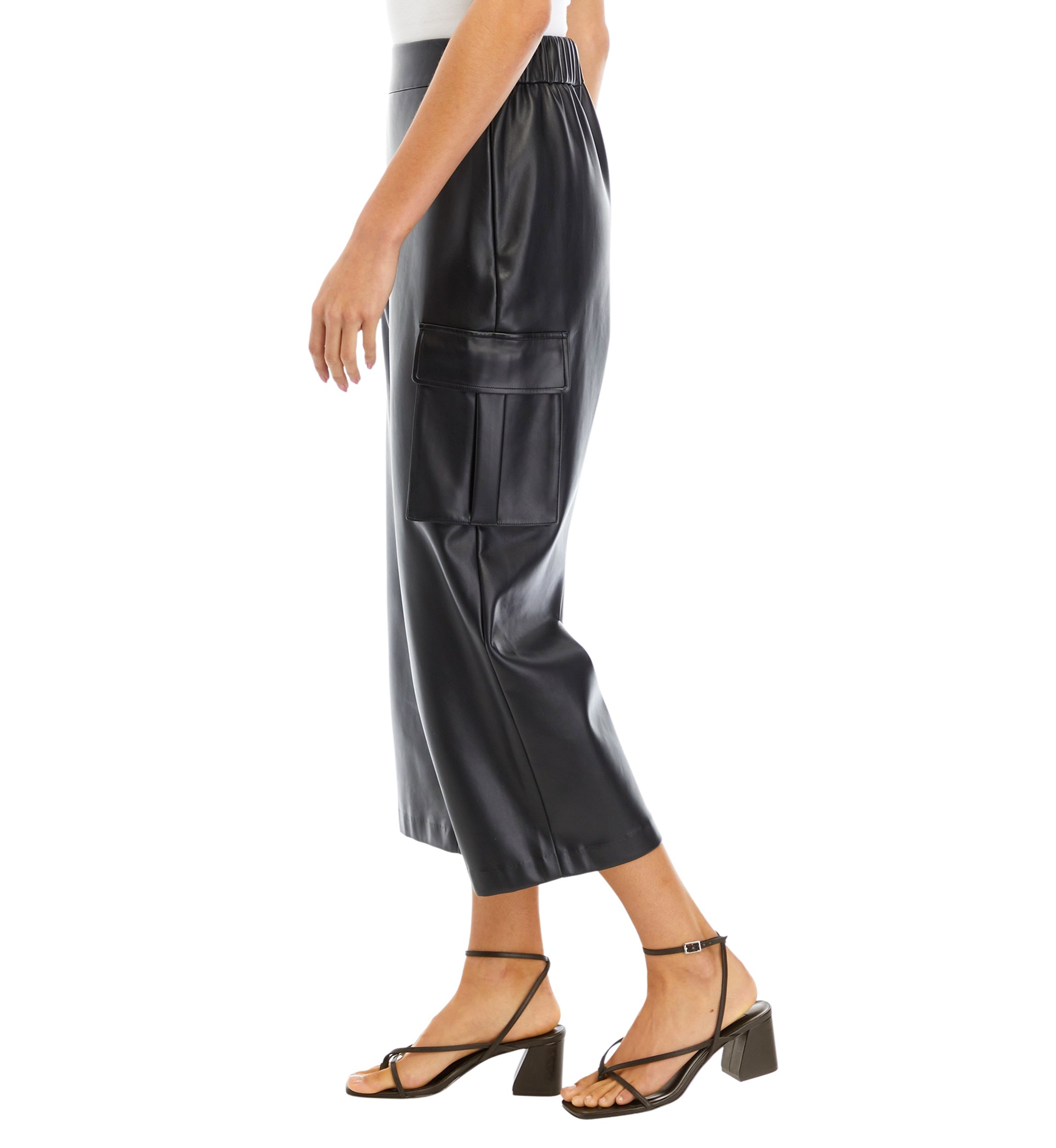 Womens Faux Leather Cropped Cargo Pants