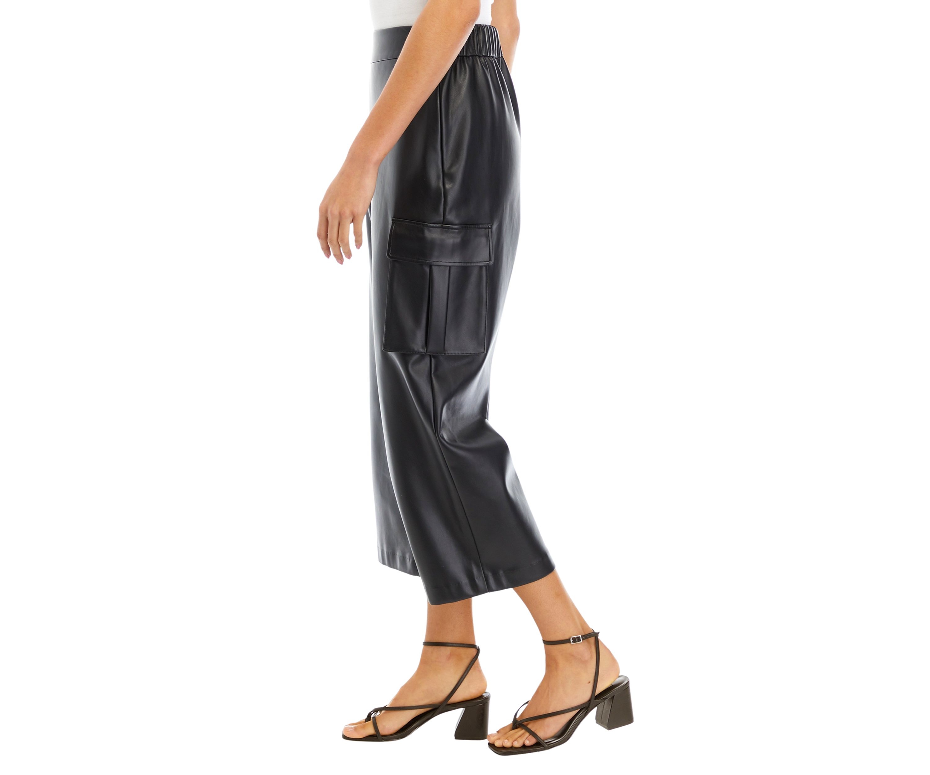Womens Faux Leather Cropped Cargo Pants