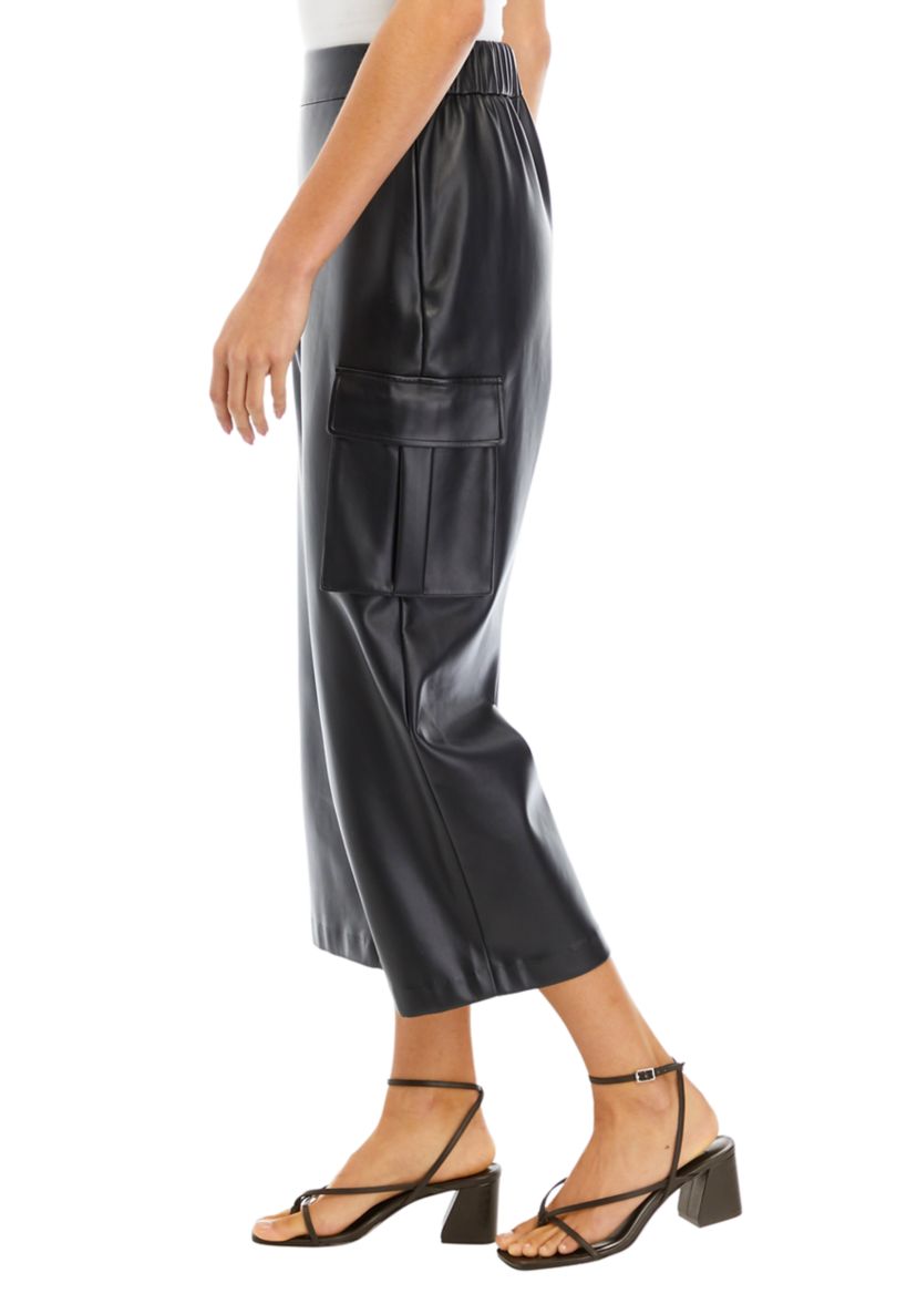 Womens Faux Leather Cropped Cargo Pants