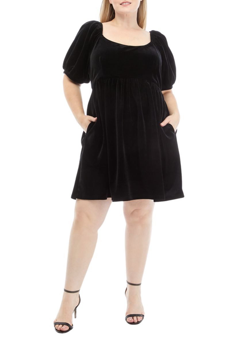 Plus Size Puff Sleeve Velvet Mini Dress