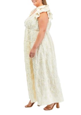 Plus Ruffle Sleeve V-Neck Embroidered Maxi Dress