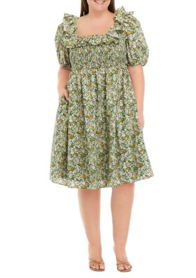 ENGLISH FACTORY Women's Plus Size Puff Sleeve Floral Dress