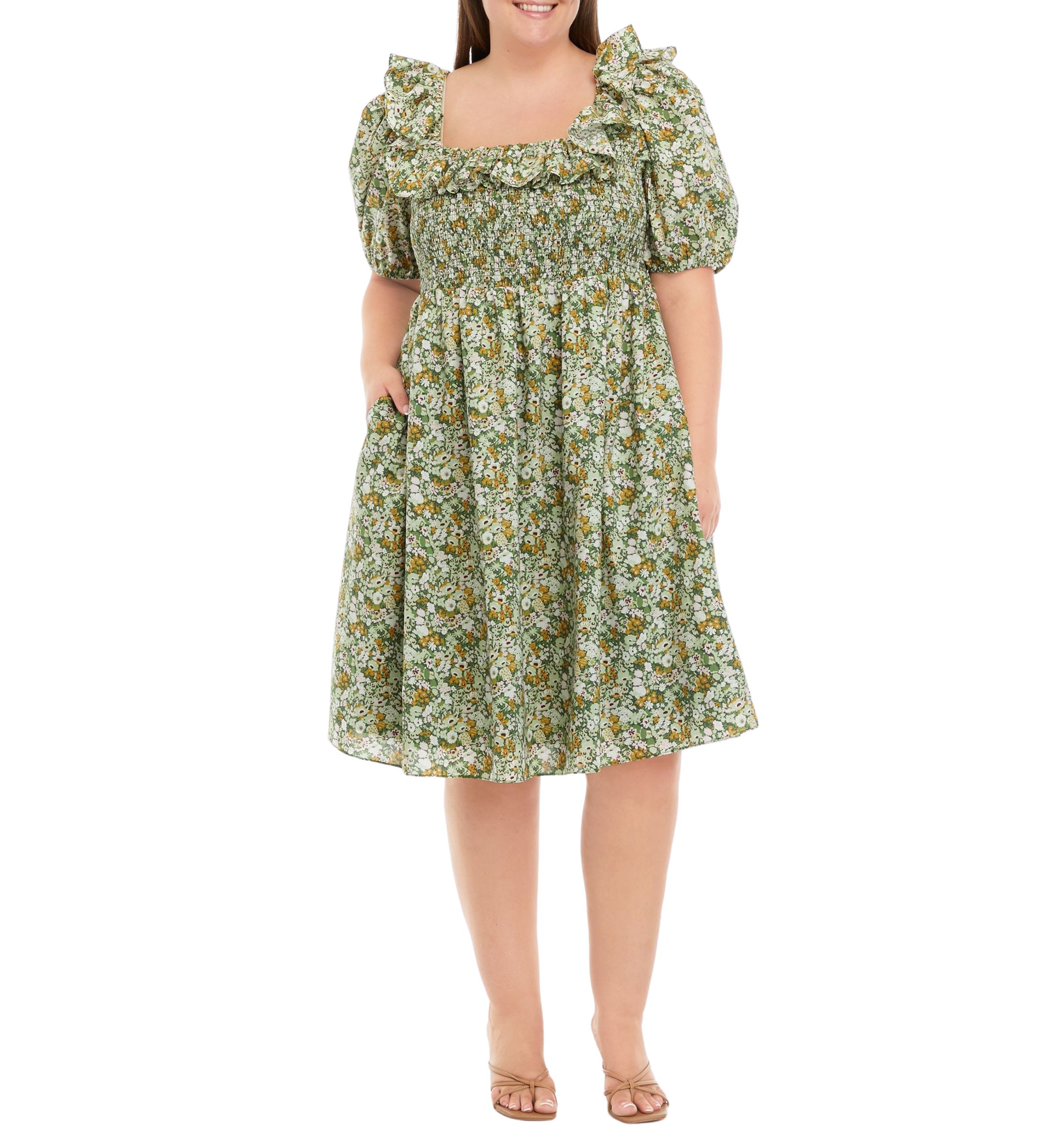 Plus Size Puff Sleeve Floral Dress