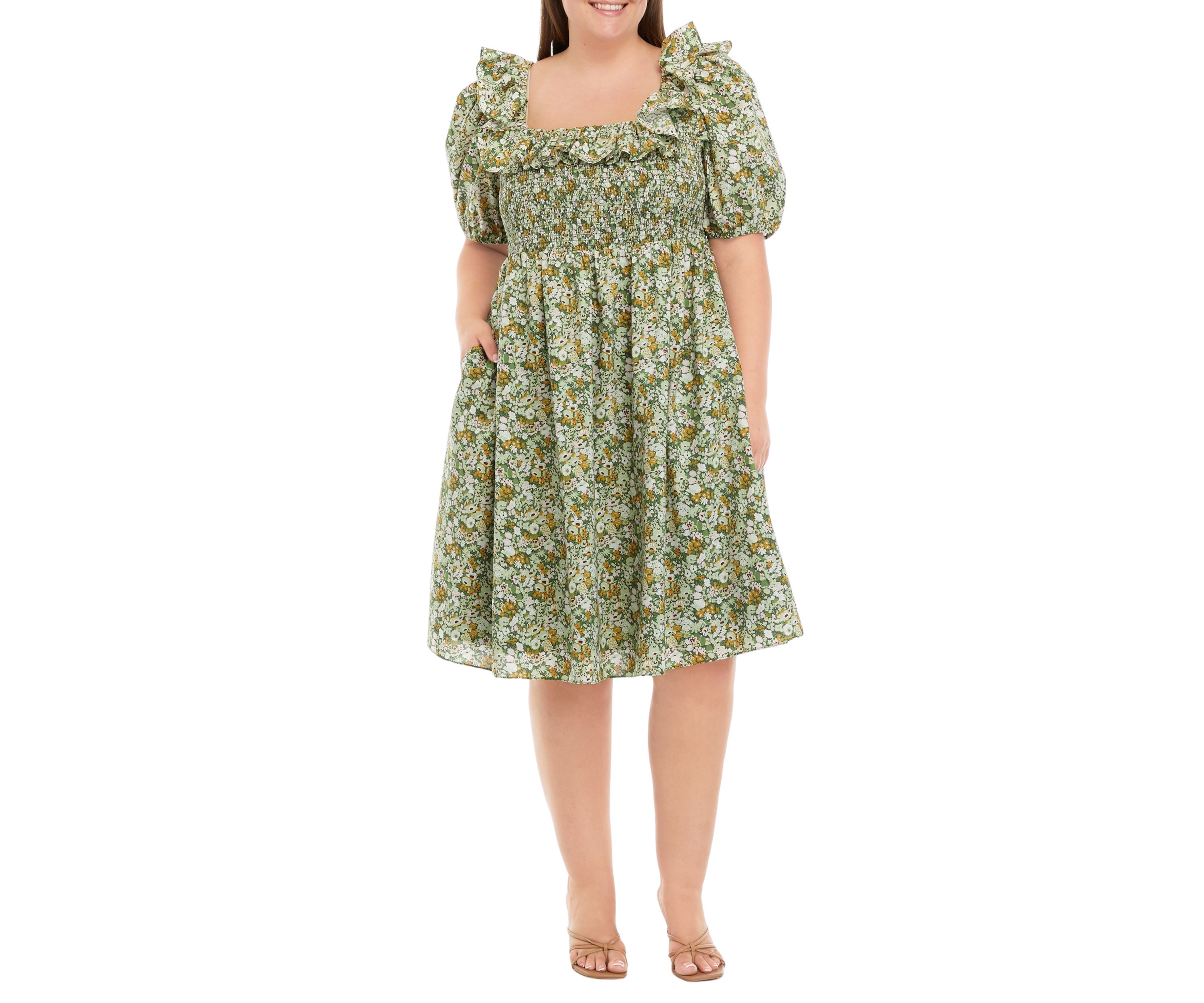 Plus Size Puff Sleeve Floral Dress