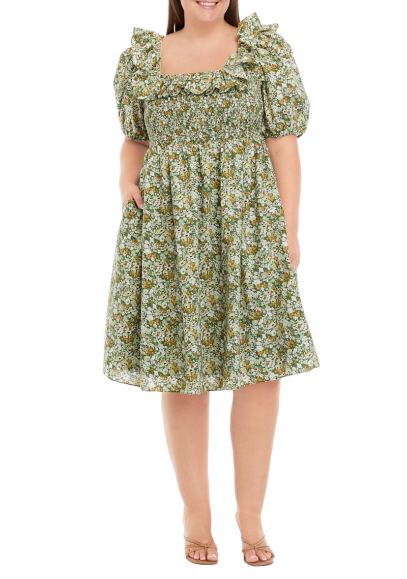 Plus Size Puff Sleeve Floral Dress