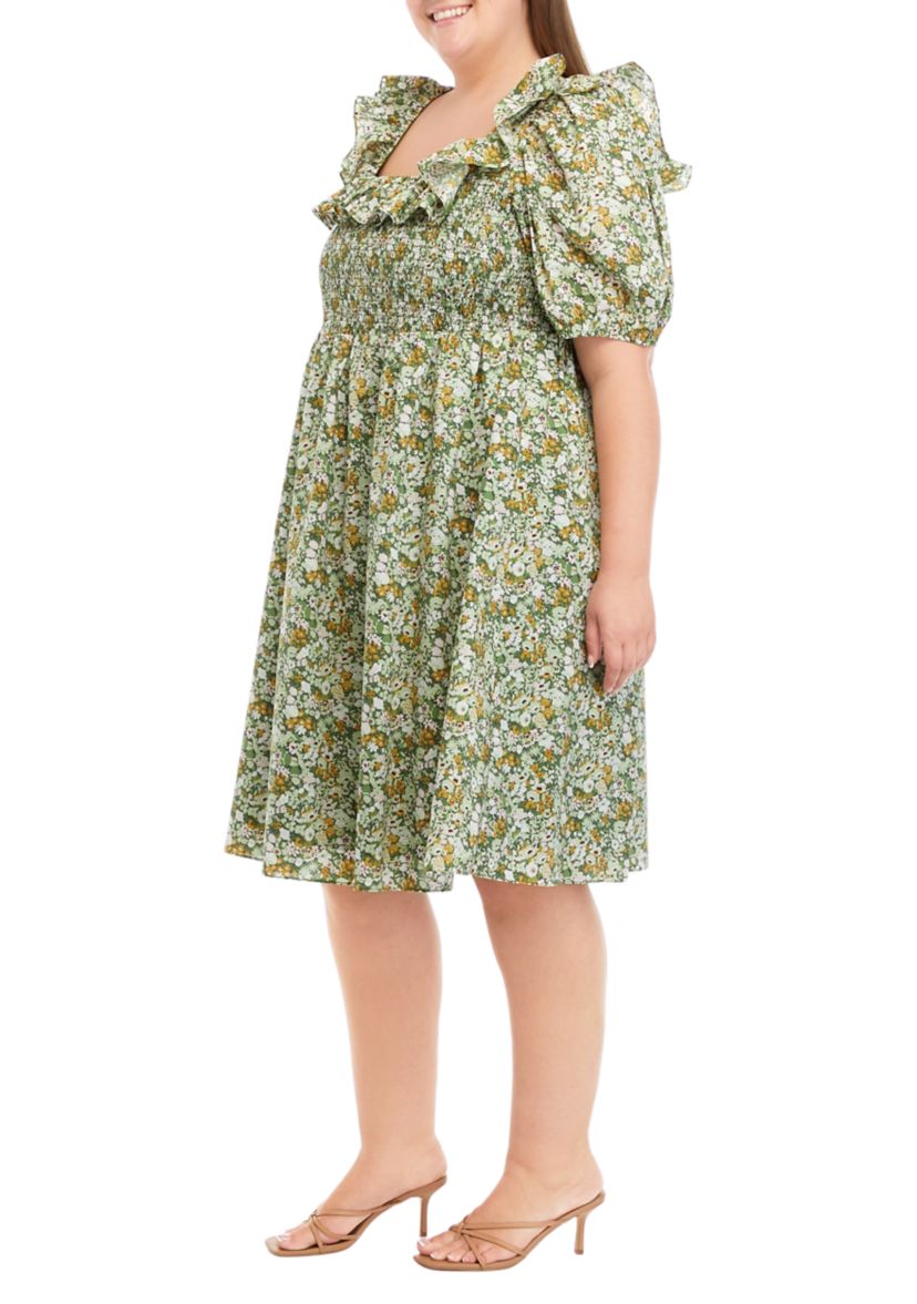 Plus Size Puff Sleeve Floral Dress