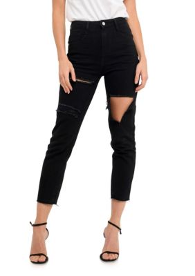 ENGLISH FACTORY Women's Destroyed Mom Jeans, Black, 28