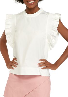 ENGLISH FACTORY Women's Ruffle Sleeve Poplin Top, White, XS