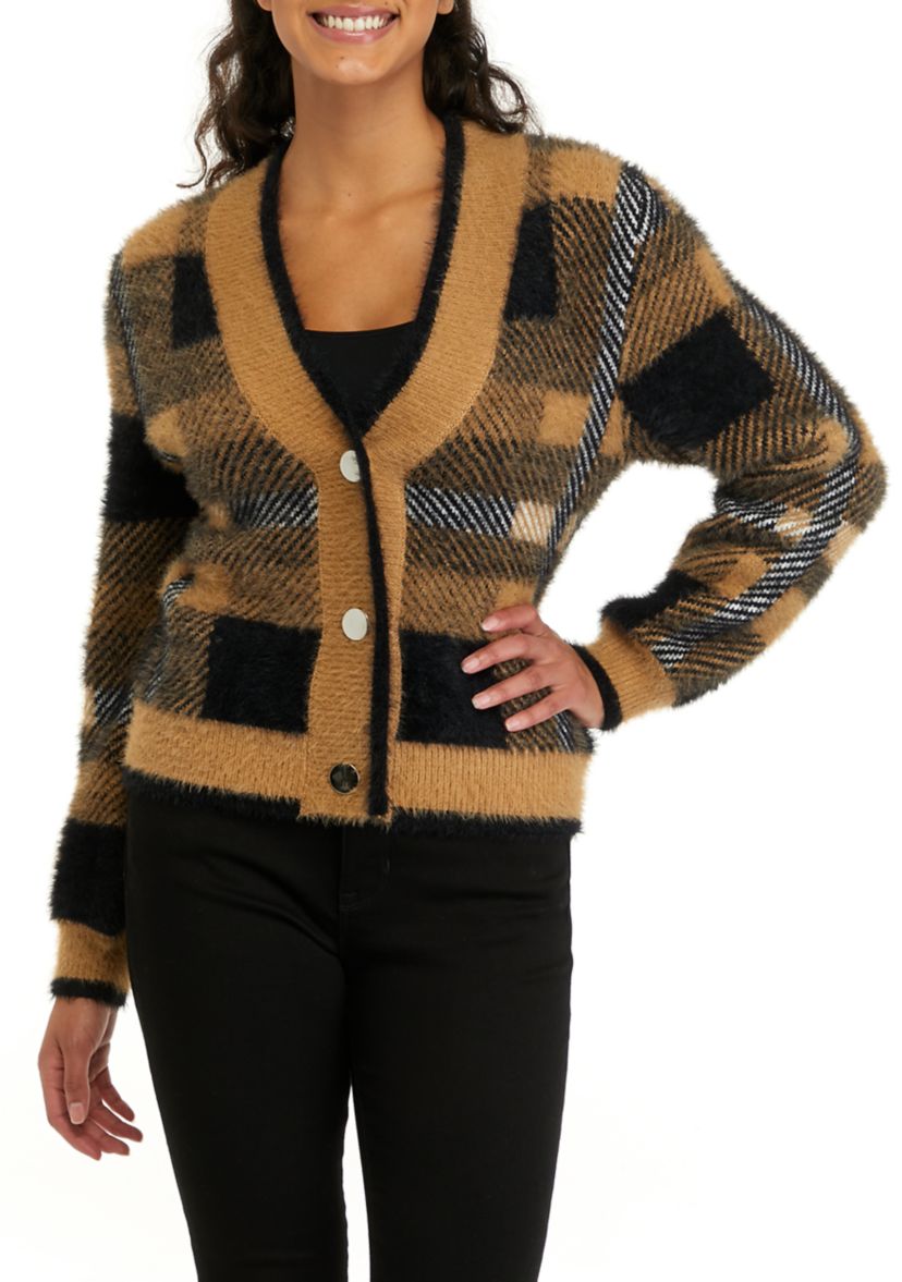 Womens Long Sleeve Plaid Button Down Cardigan