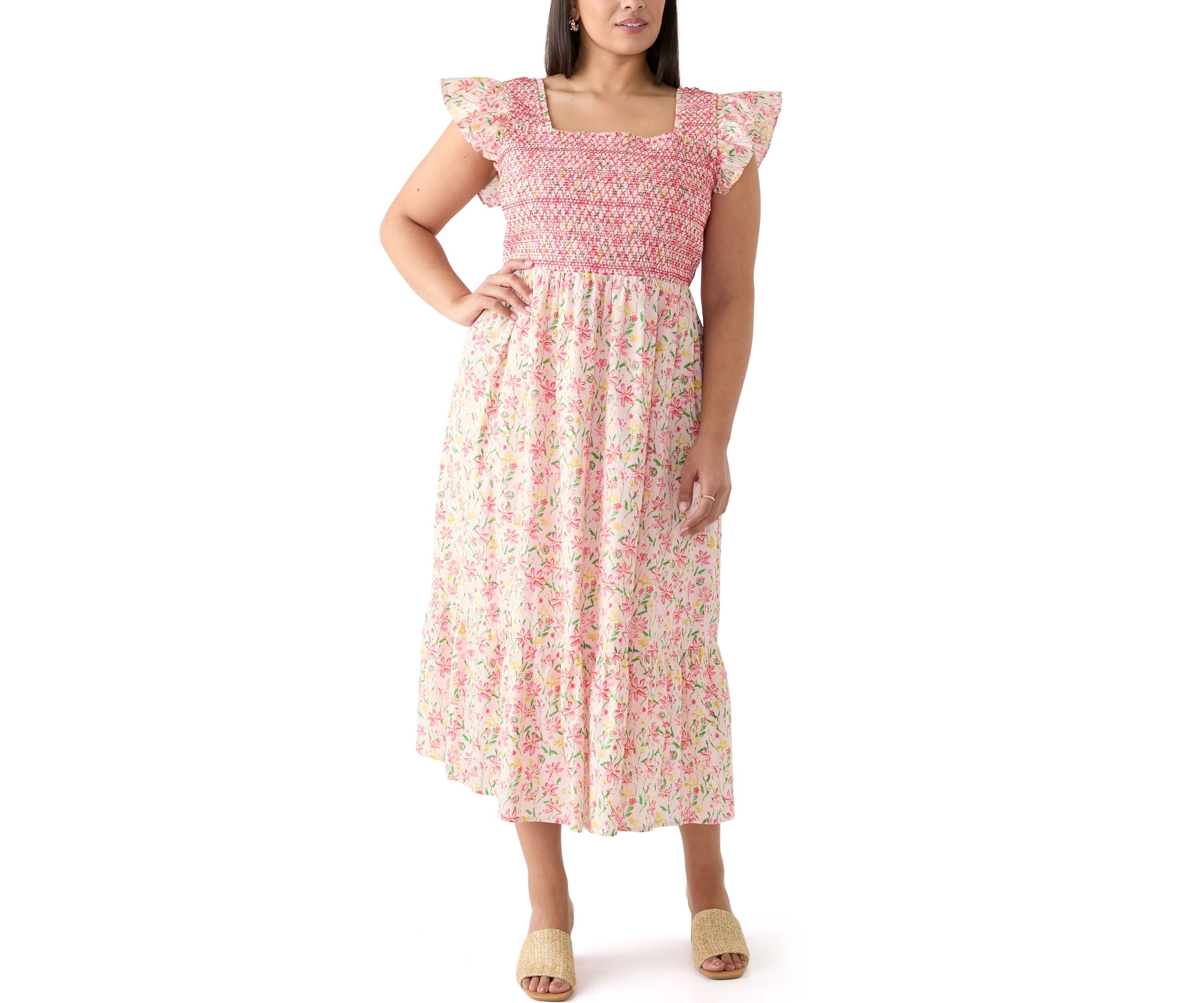 Plus Size Smocked Floral Printed Dress
