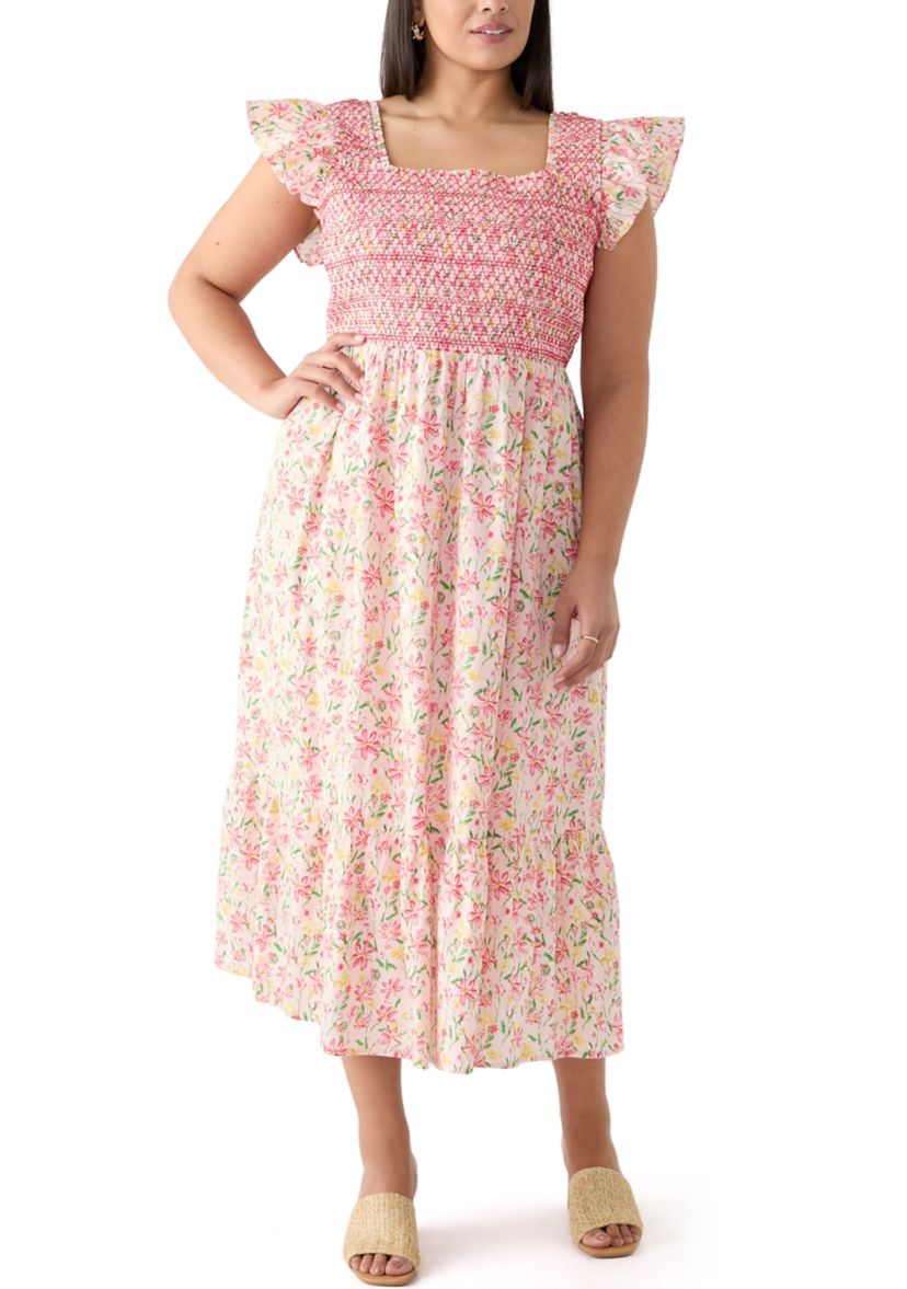 Plus Size Smocked Floral Printed Dress