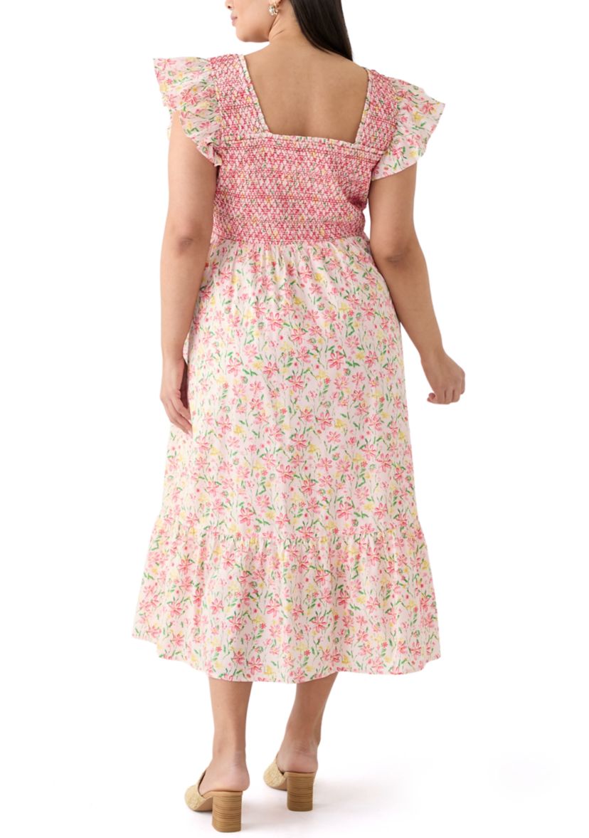 Plus Size Smocked Floral Printed Dress