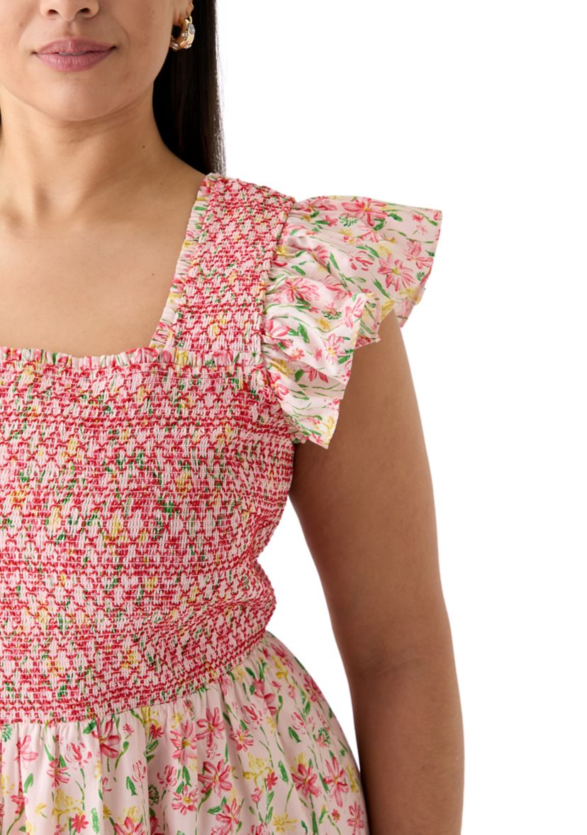 Plus Size Smocked Floral Printed Dress