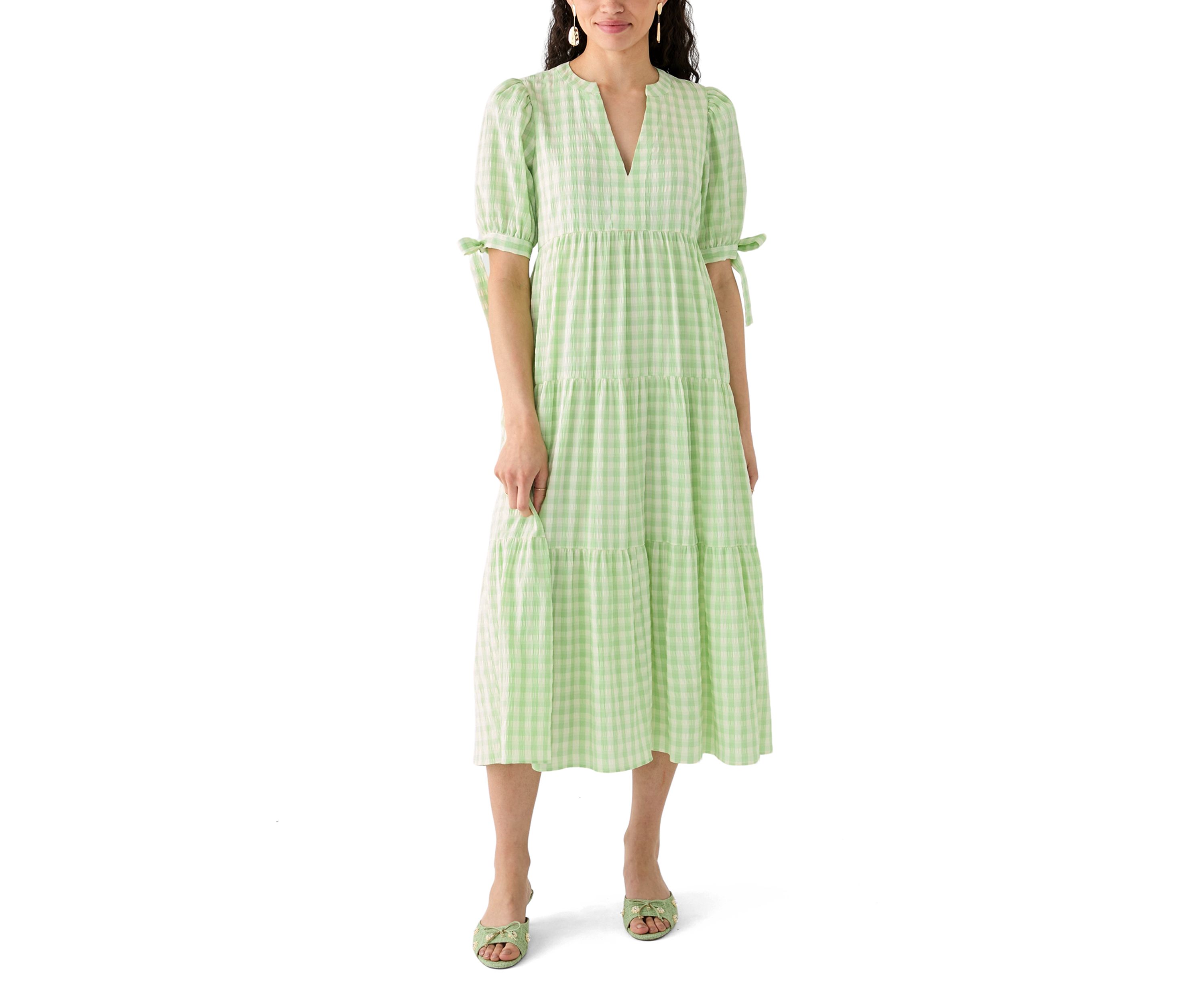 Womens Checkered Midi Tiered Dress