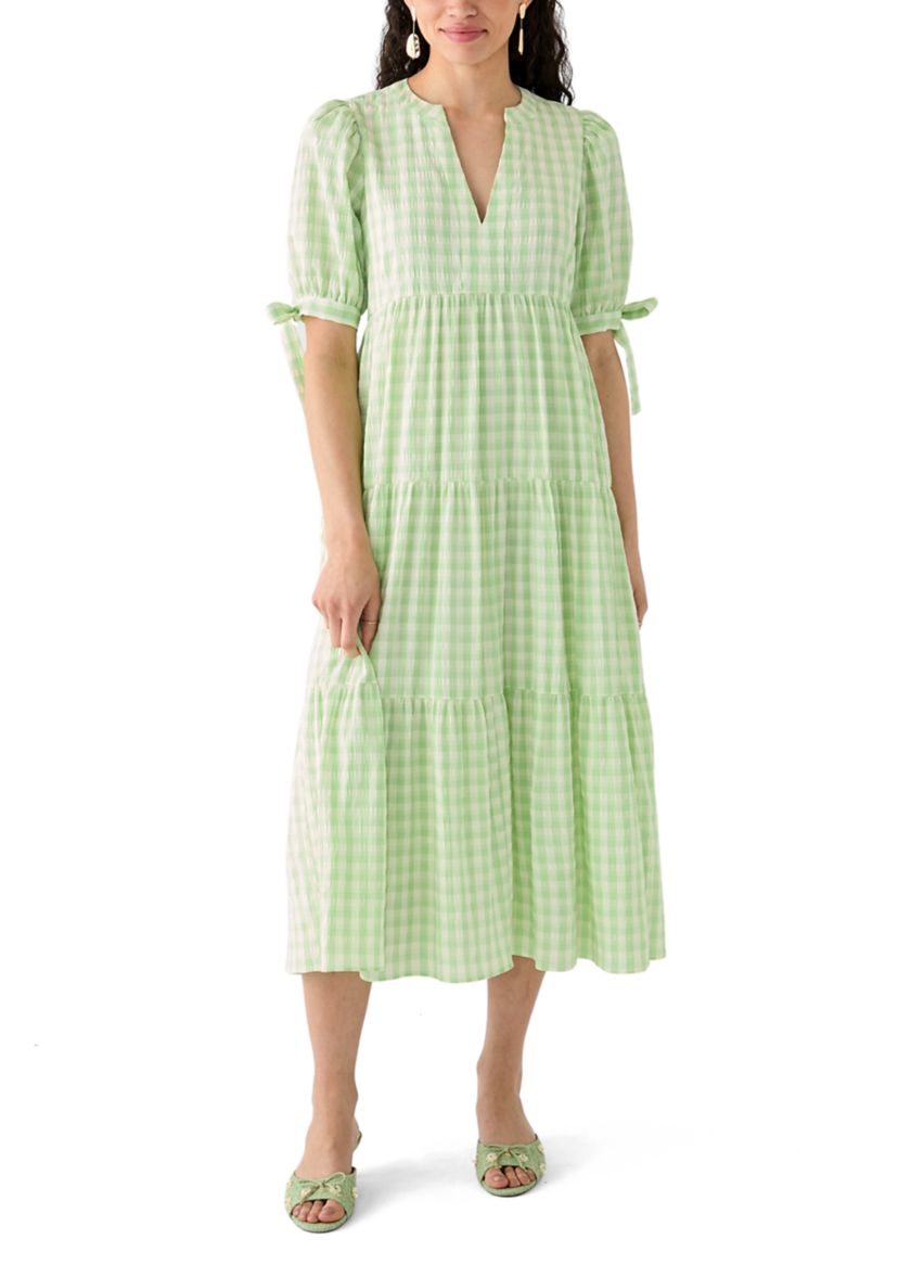 Womens Checkered Midi Tiered Dress