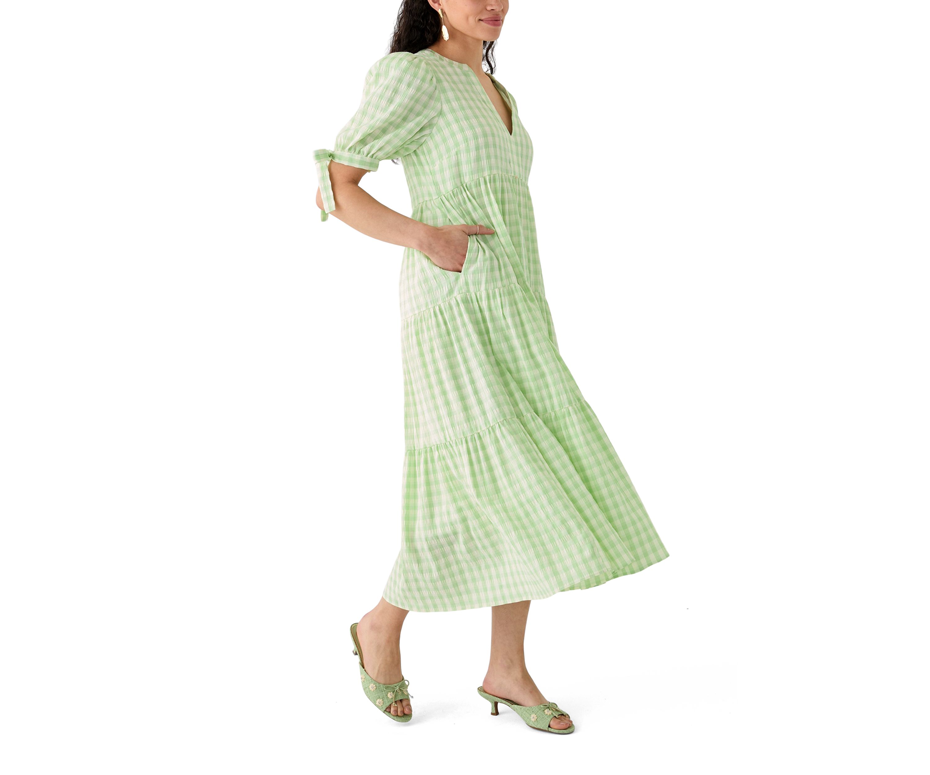 Womens Checkered Midi Tiered Dress