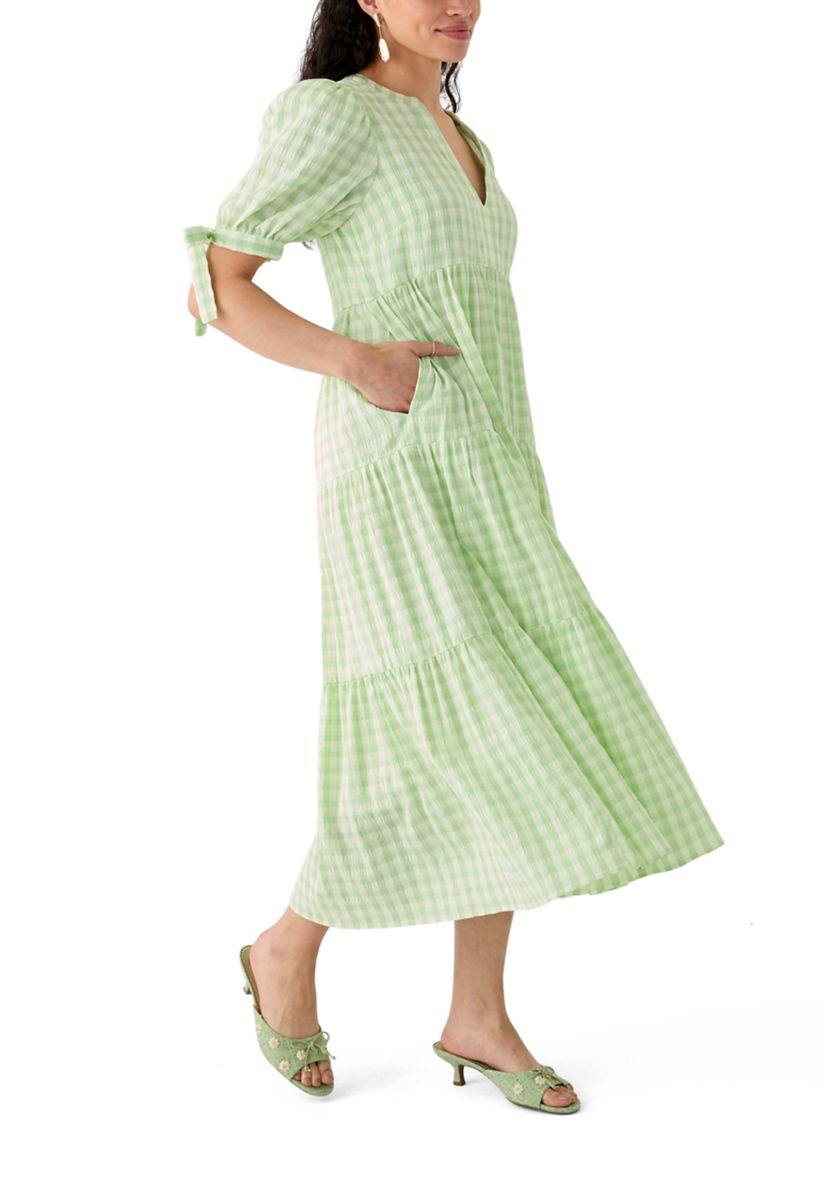 Womens Checkered Midi Tiered Dress