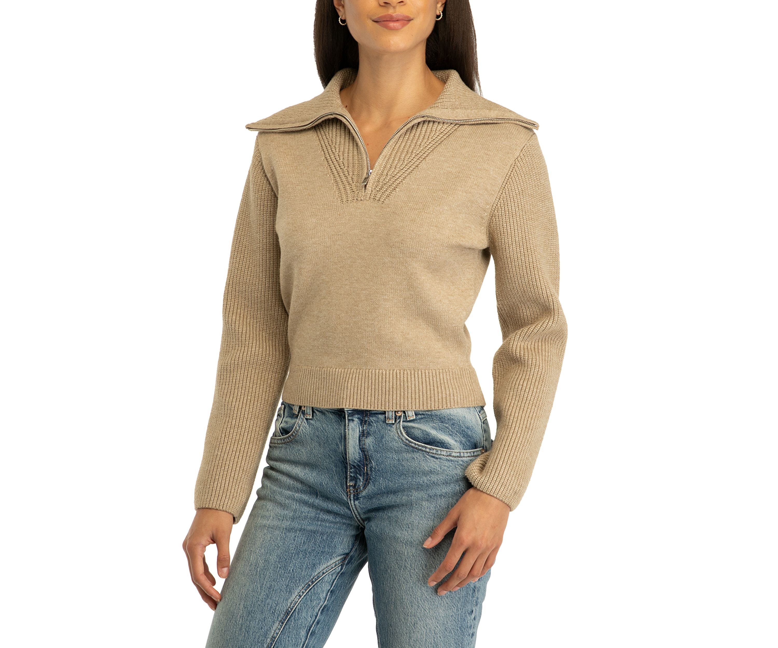 Womens Ribbed Contrast Zip Up Sweater