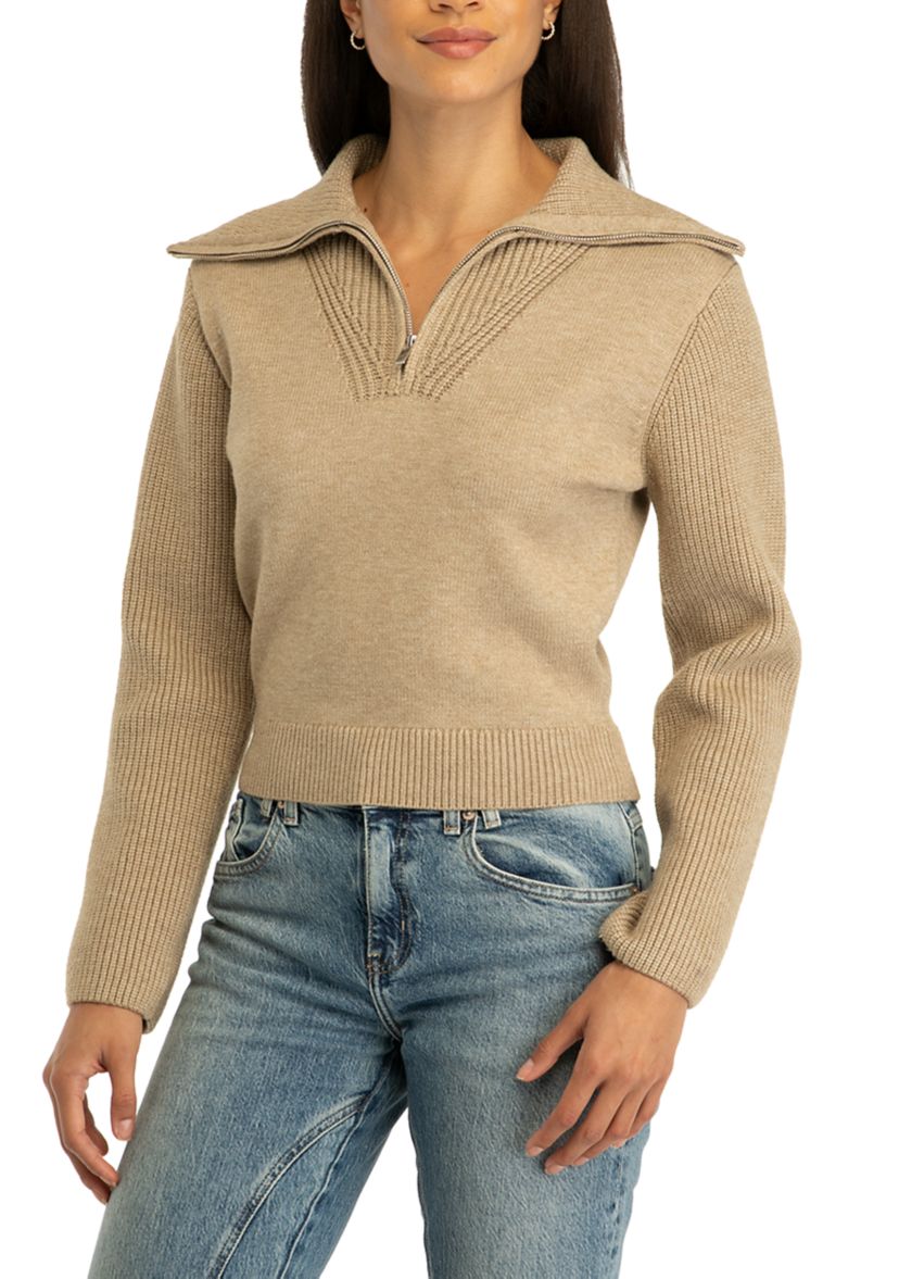 Womens Ribbed Contrast Zip Up Sweater