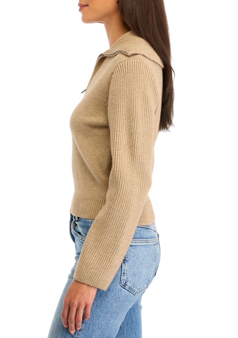 Womens Ribbed Contrast Zip Up Sweater
