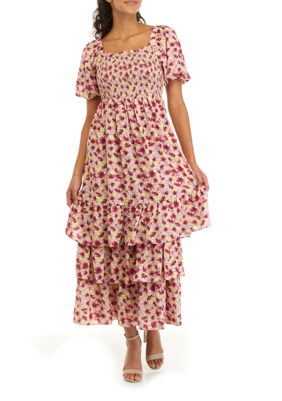 Womens Short Puff Sleeve Tiered Maxi Dress