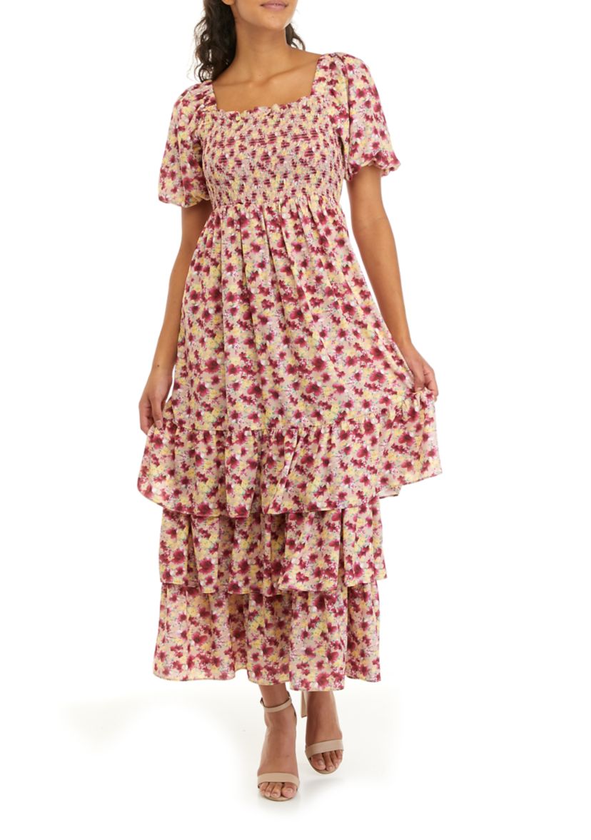 Womens Short Puff Sleeve Tiered Maxi Dress