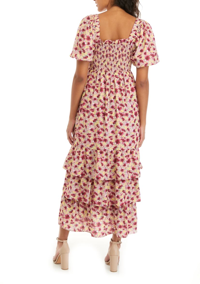 Womens Short Puff Sleeve Tiered Maxi Dress