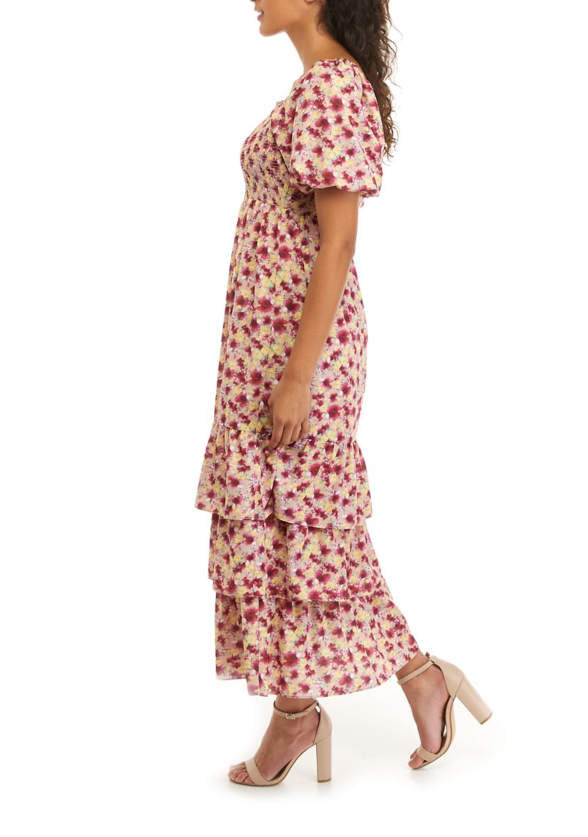Womens Short Puff Sleeve Tiered Maxi Dress